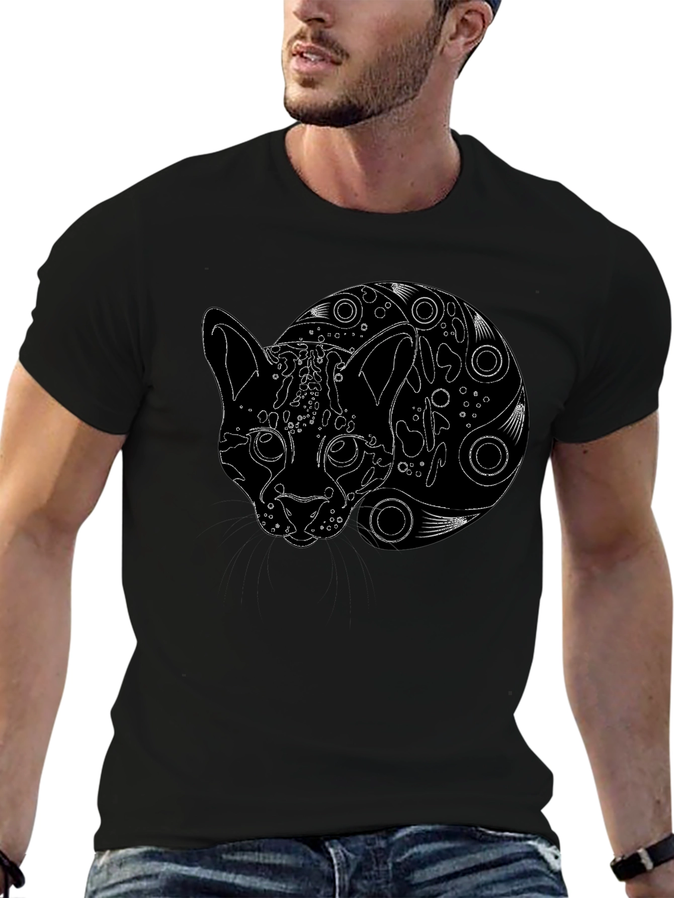 Black T-Shirt with Abstract Cat Design