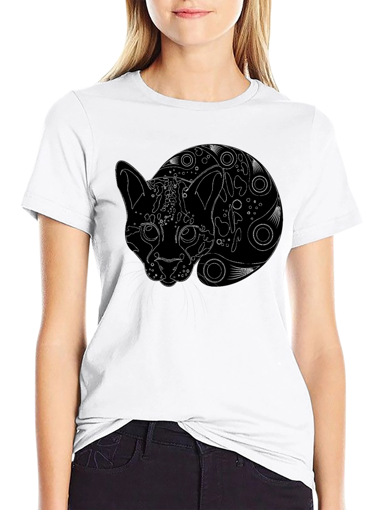 Black T-Shirt with Abstract Cat Design