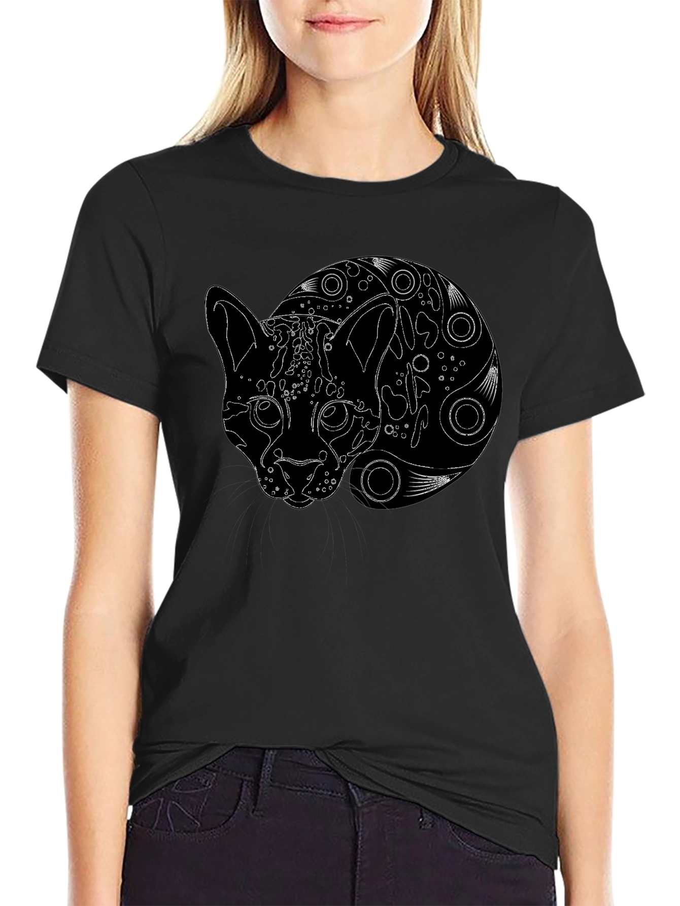 Black T-Shirt with Abstract Cat Design