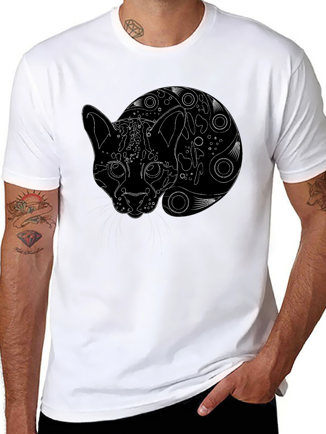 Black T-Shirt with Abstract Cat Design