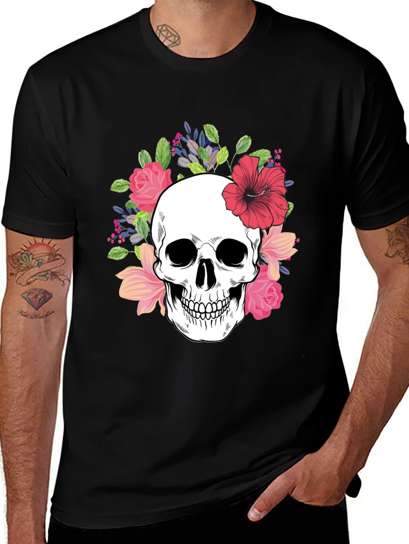 Floral Skull Graphic Tee - Stylish Unisex T-Shirt