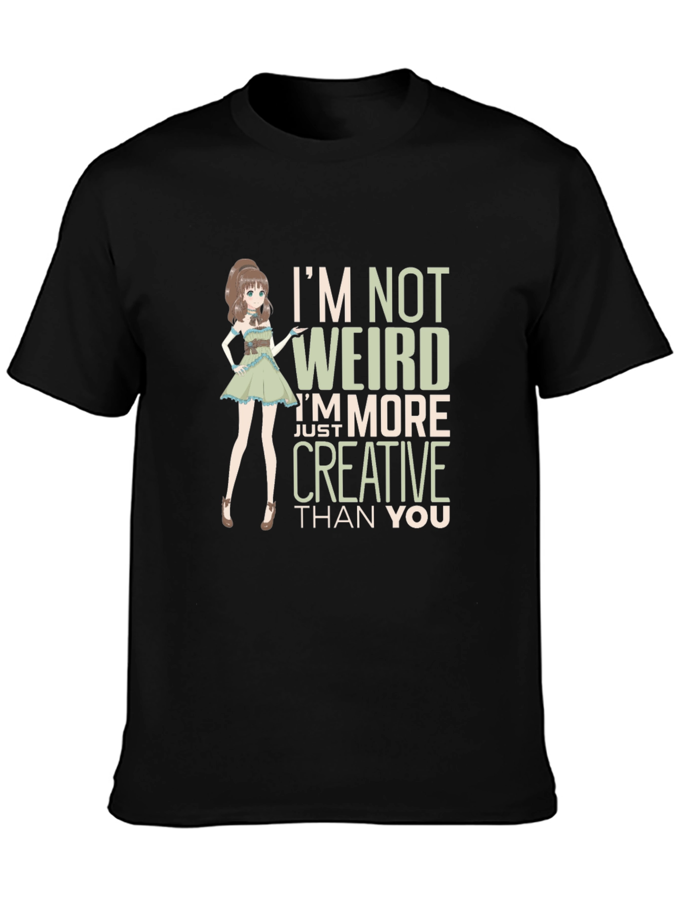 Creative Anime Girl Graphic Tee - Black Cotton Blend
