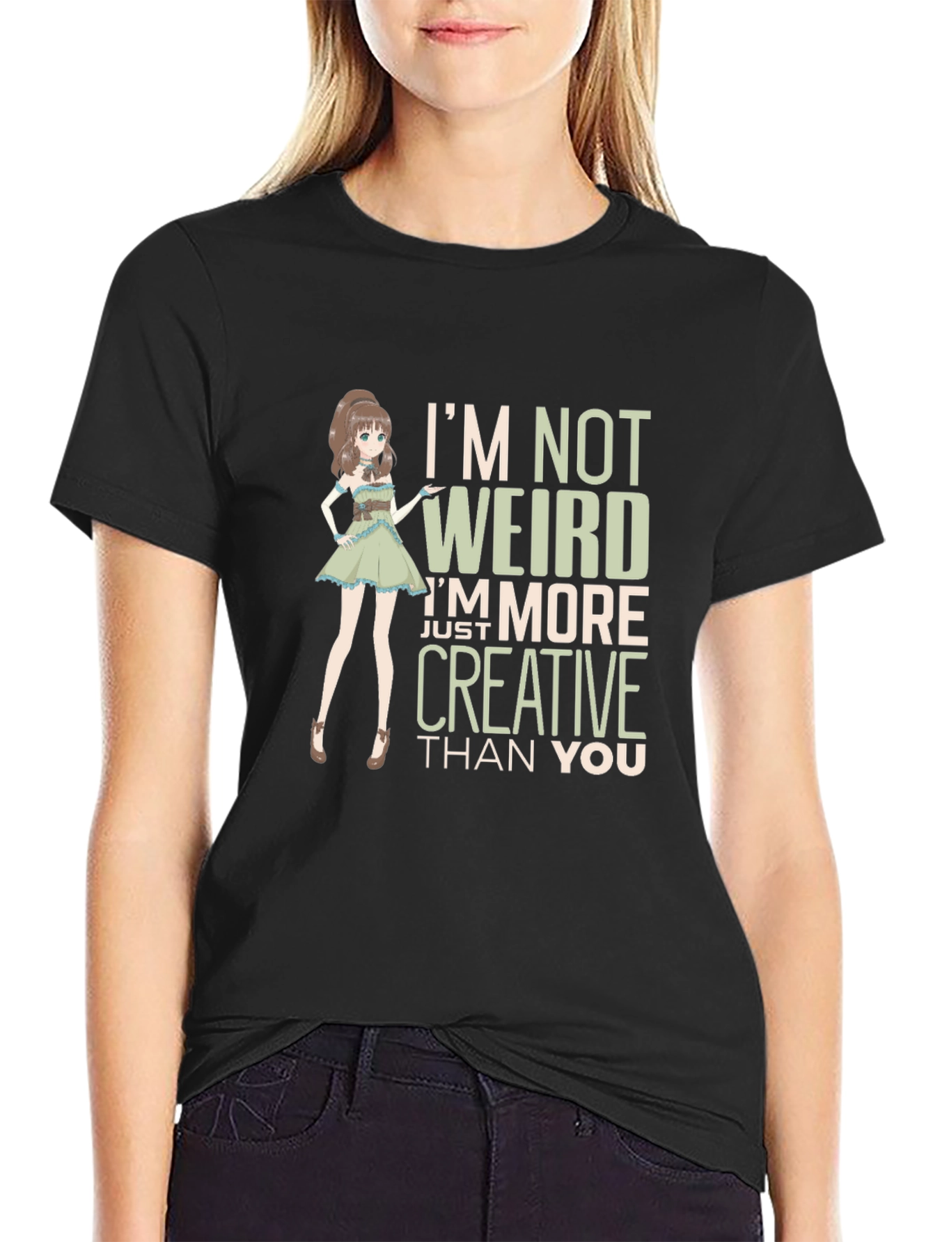 Creative Anime Girl Graphic Tee - Black Cotton Blend