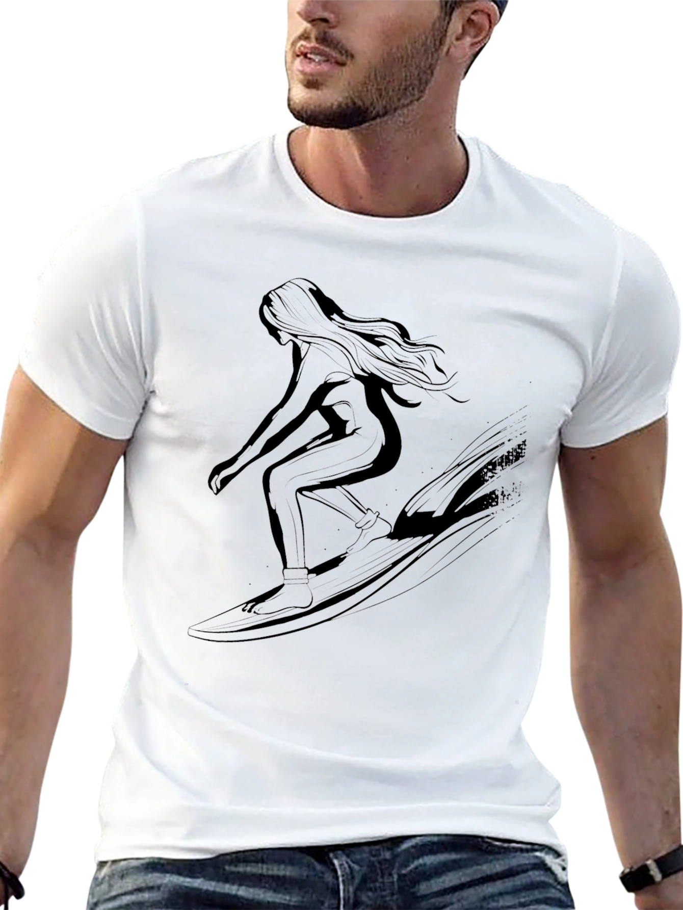Surfing Silhouette Tee - Black Cotton Graphic T-Shirt