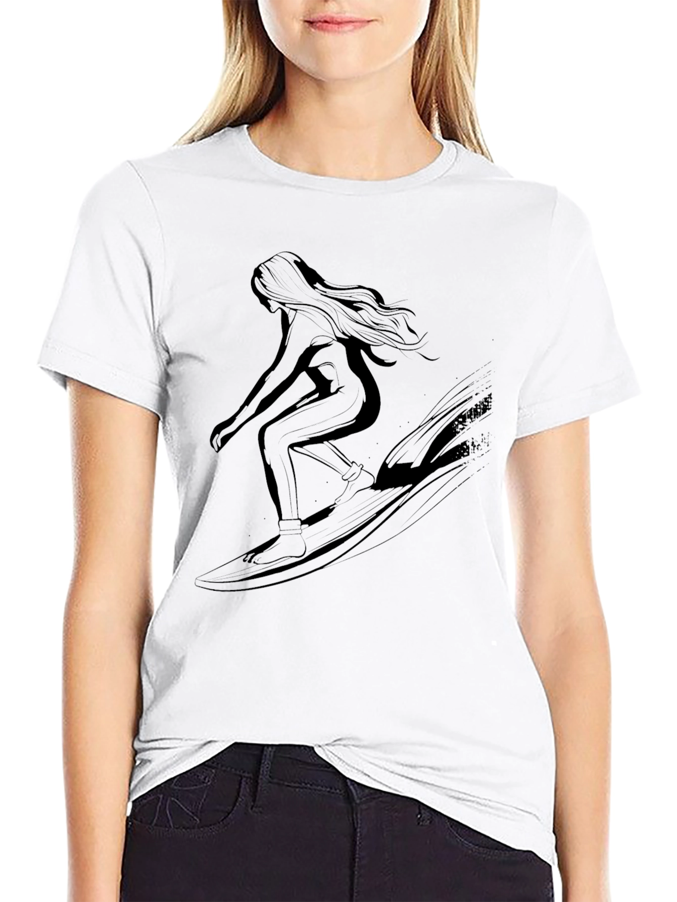 Surfing Silhouette Tee - Black Cotton Graphic T-Shirt