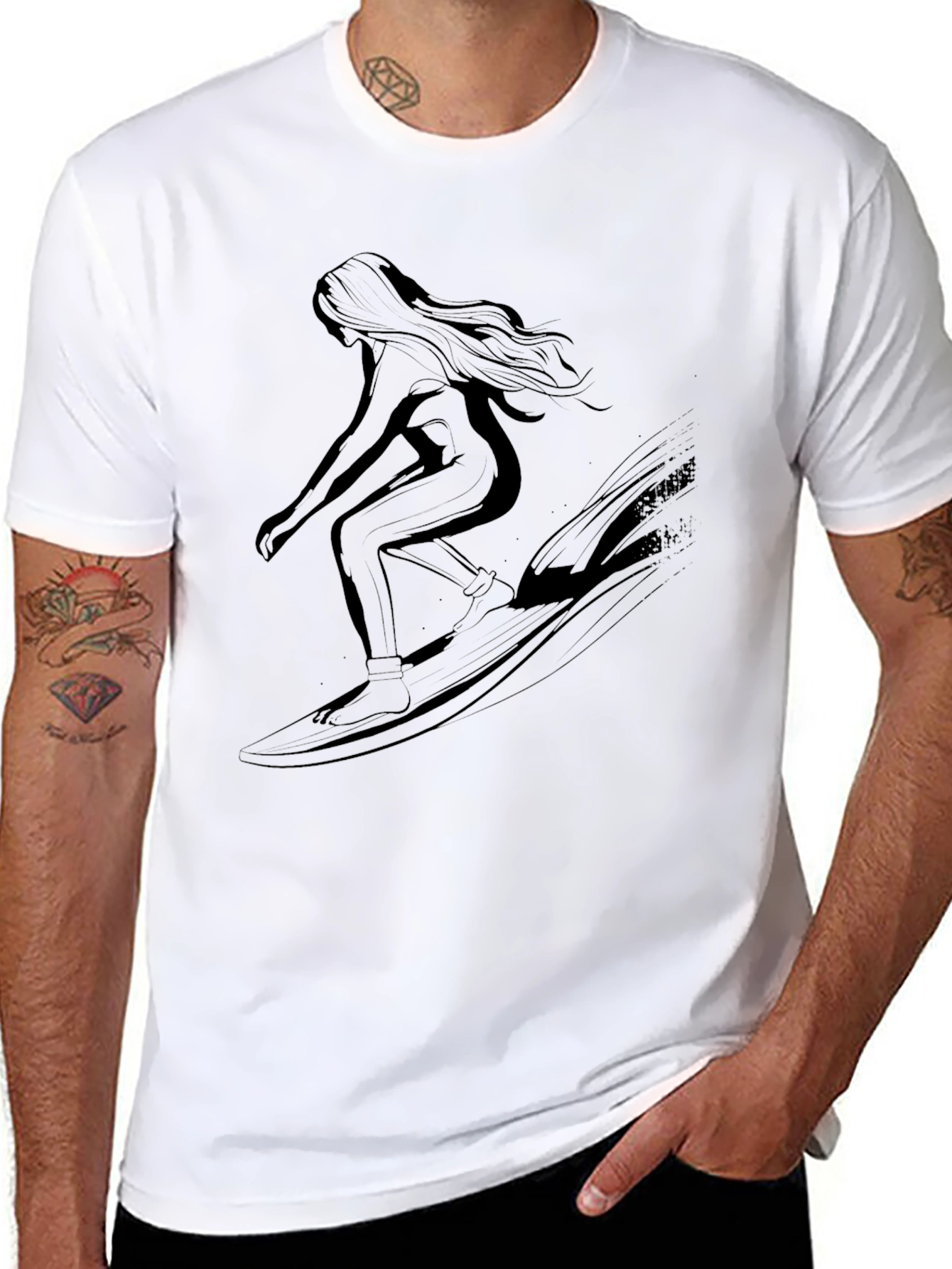 Surfing Silhouette Tee - Black Cotton Graphic T-Shirt