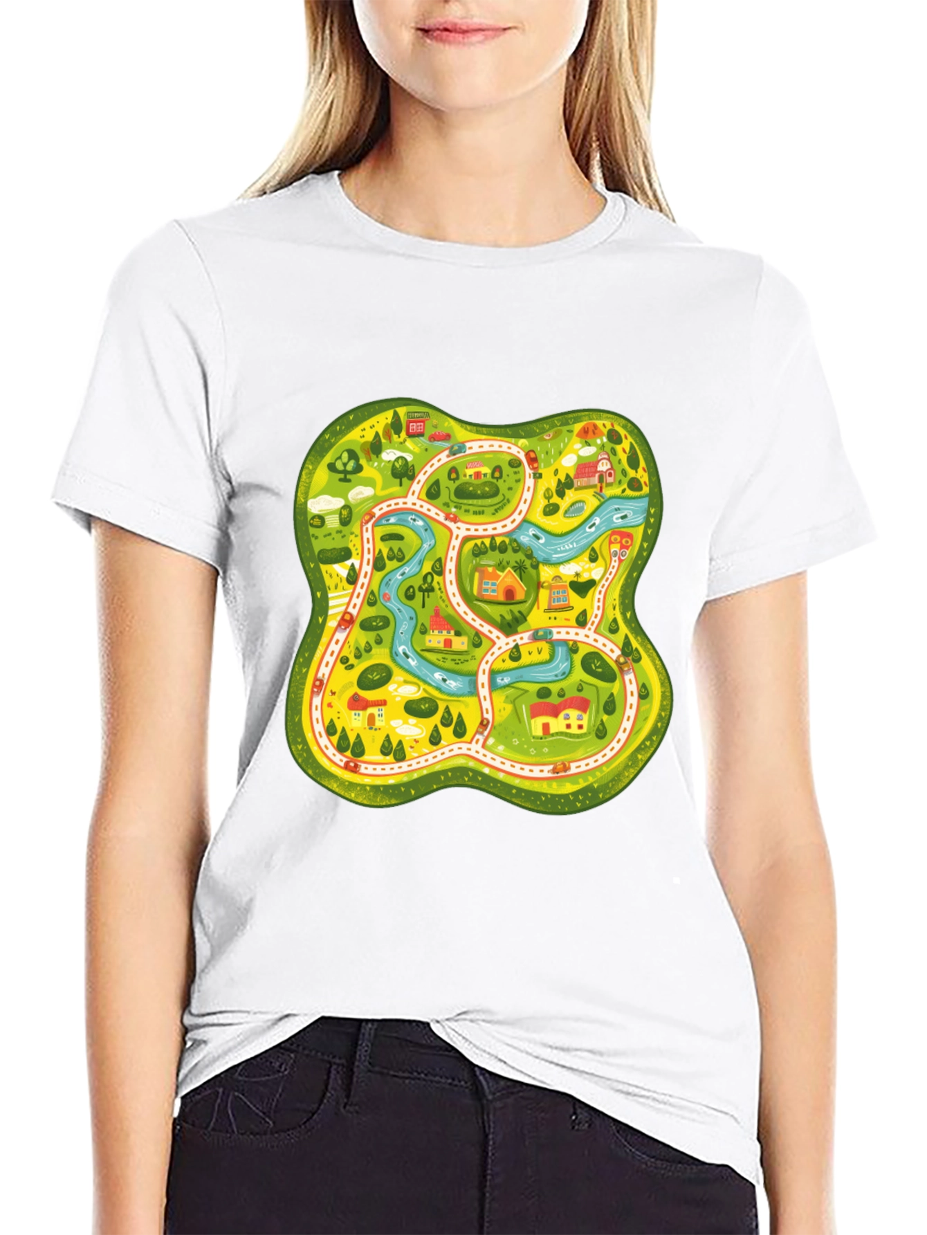 Cartoon Map Graphic Tee - Black Unisex T-Shirt
