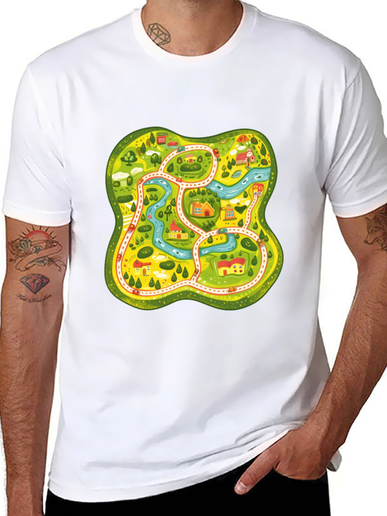 Cartoon Map Graphic Tee - Black Unisex T-Shirt