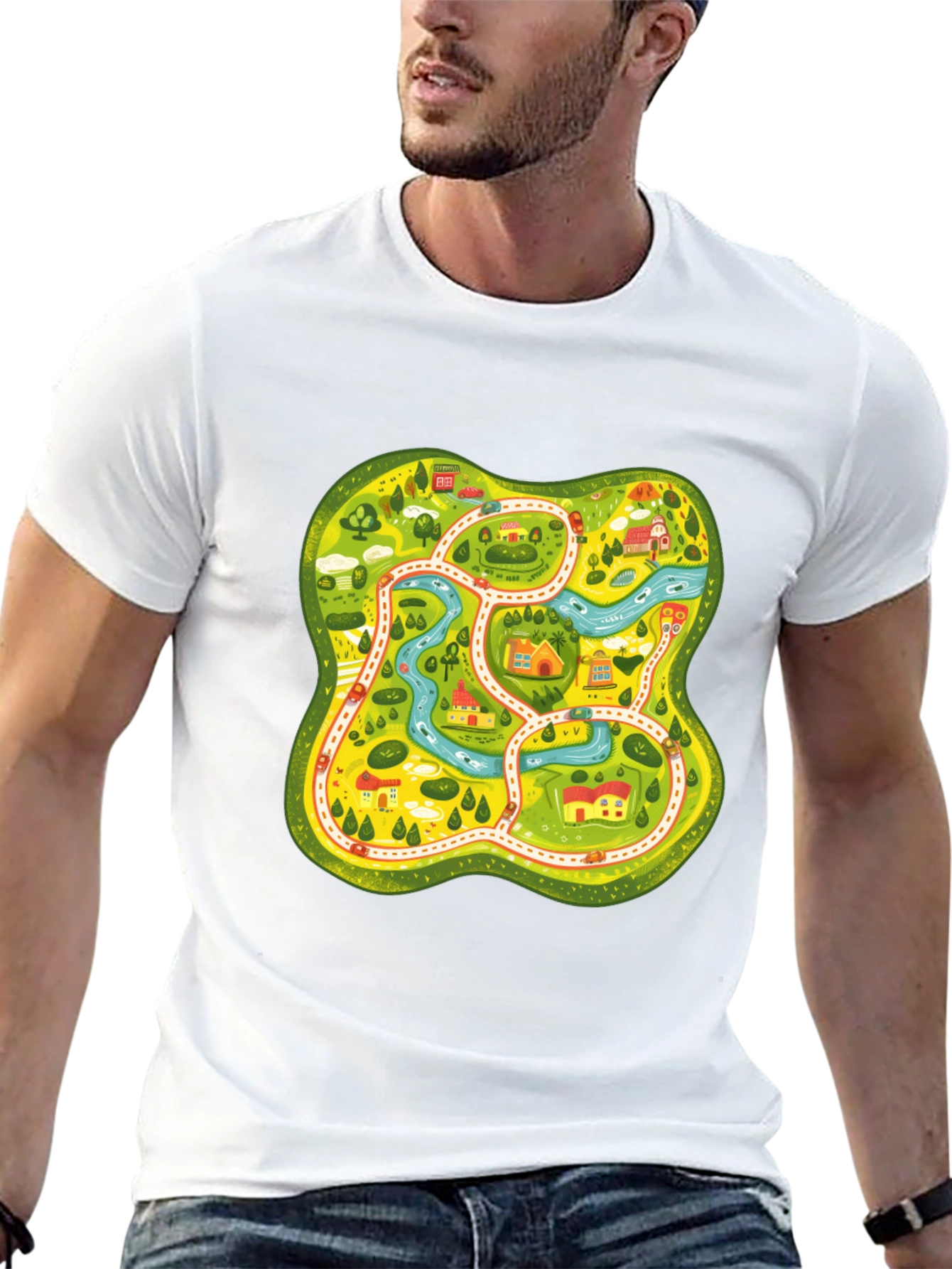 Cartoon Map Graphic Tee - Black Unisex T-Shirt