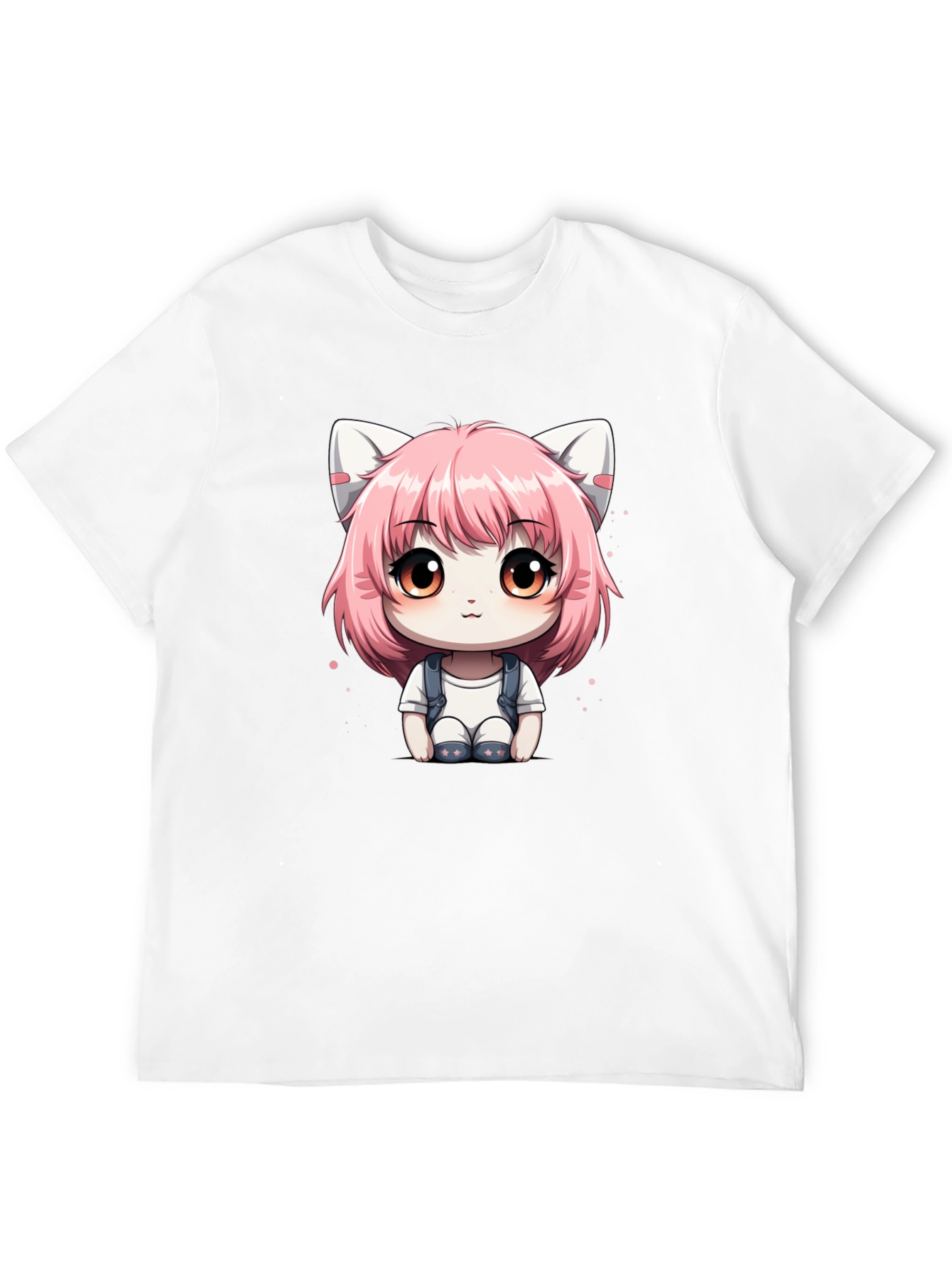 Anime Cat Girl Graphic Tee - Black Cotton T-Shirt