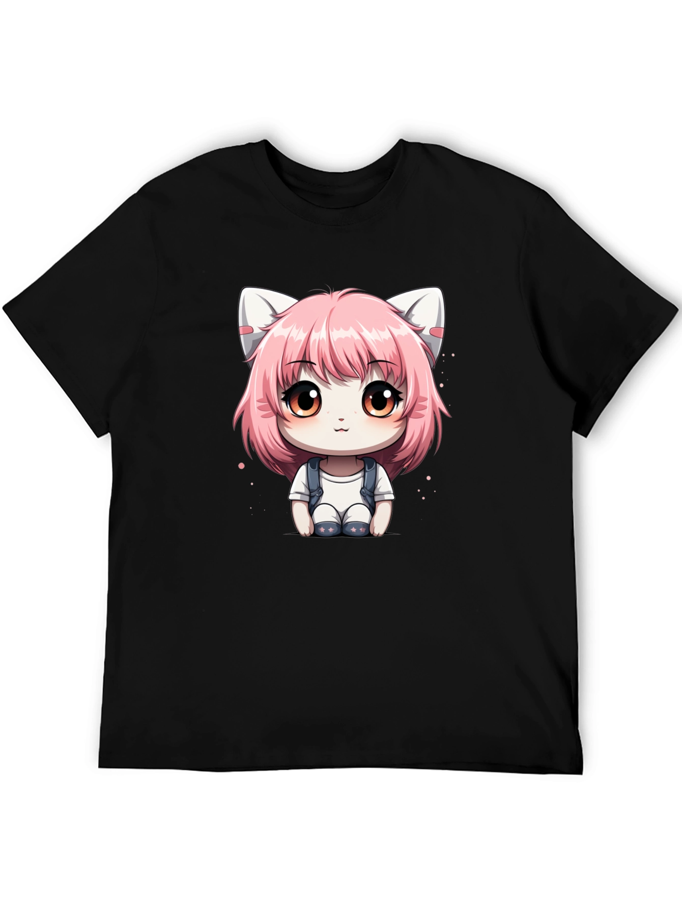 Anime Cat Girl Graphic Tee - Black Cotton T-Shirt