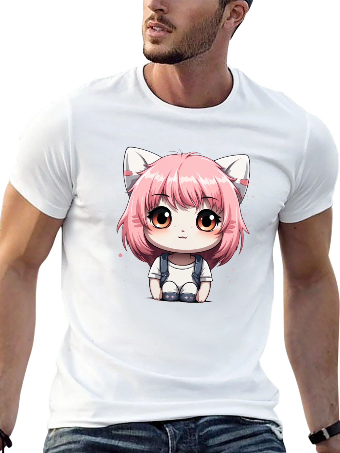 Anime Cat Girl Graphic Tee - Black Cotton T-Shirt