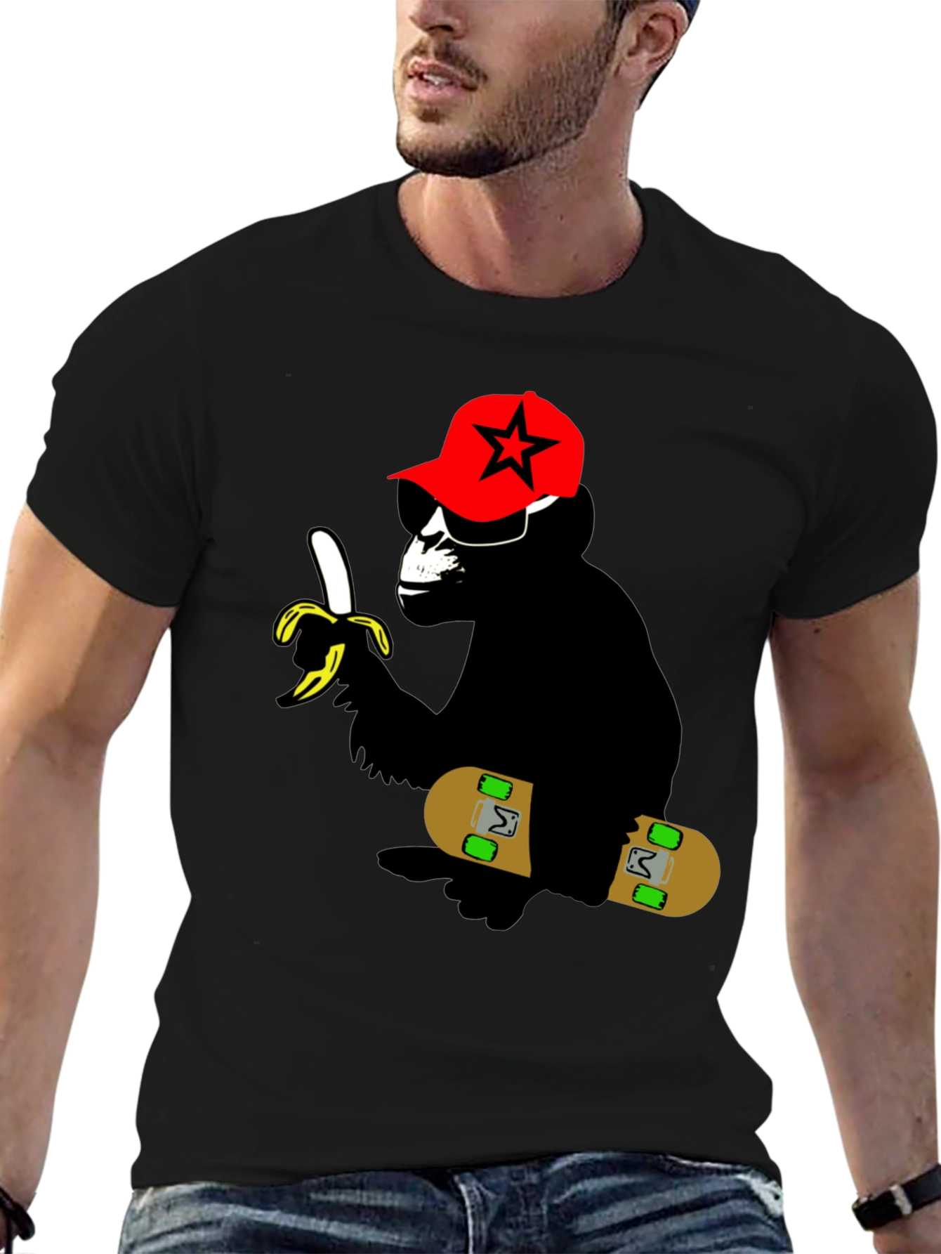 Cool Monkey Skateboarder Graphic Tee - Black
