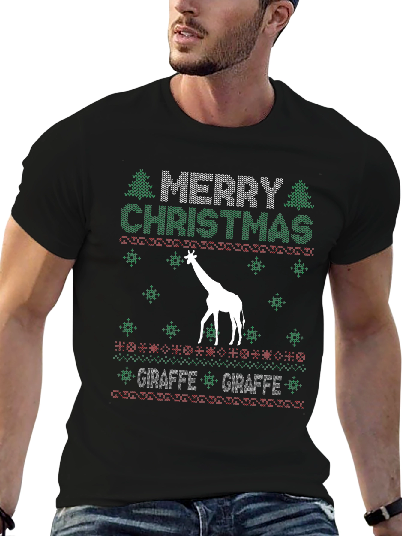 Merry Christmas Giraffe Ugly Sweater Style Tee