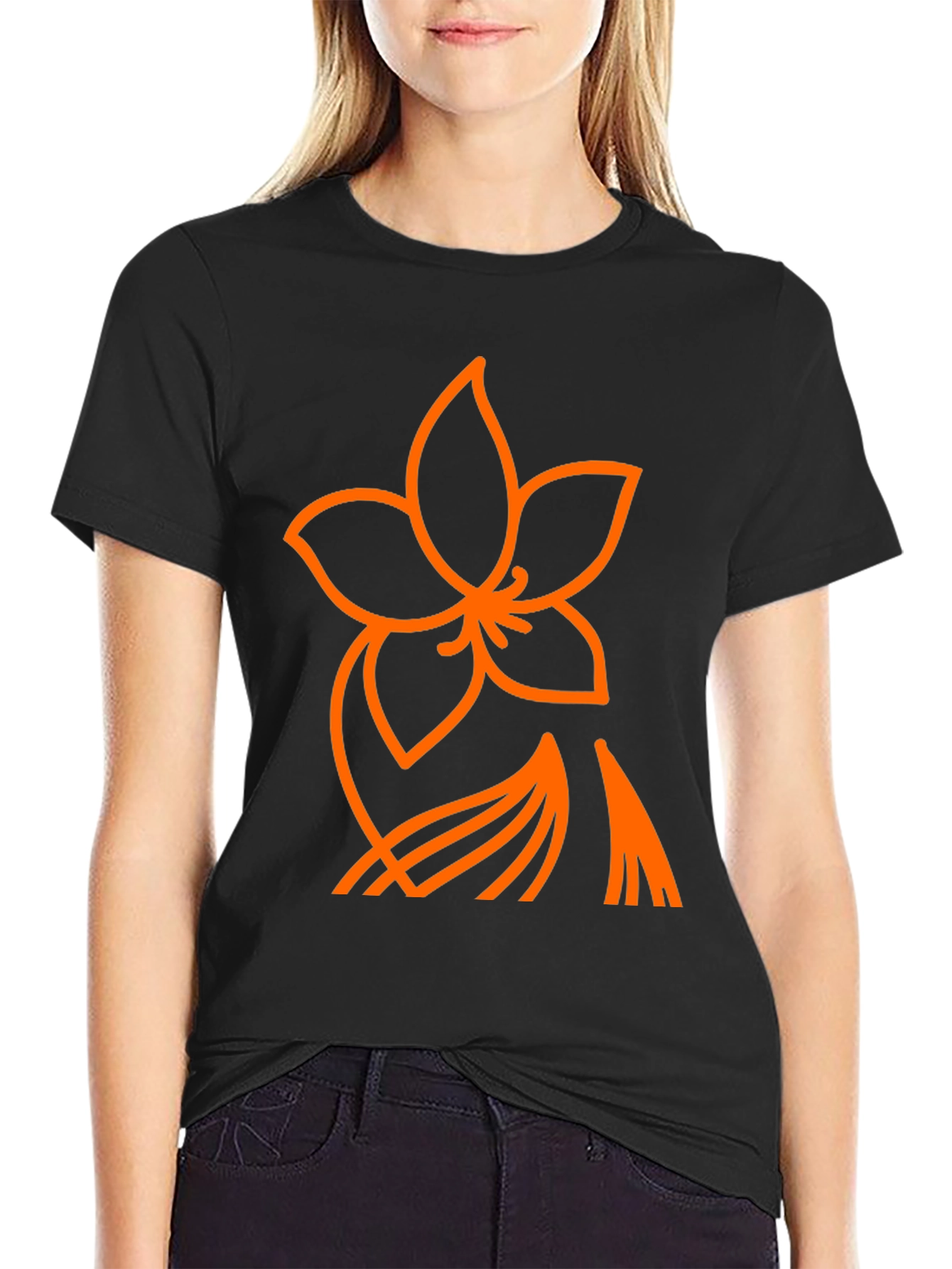 Orange Flower Graphic Black T-Shirt