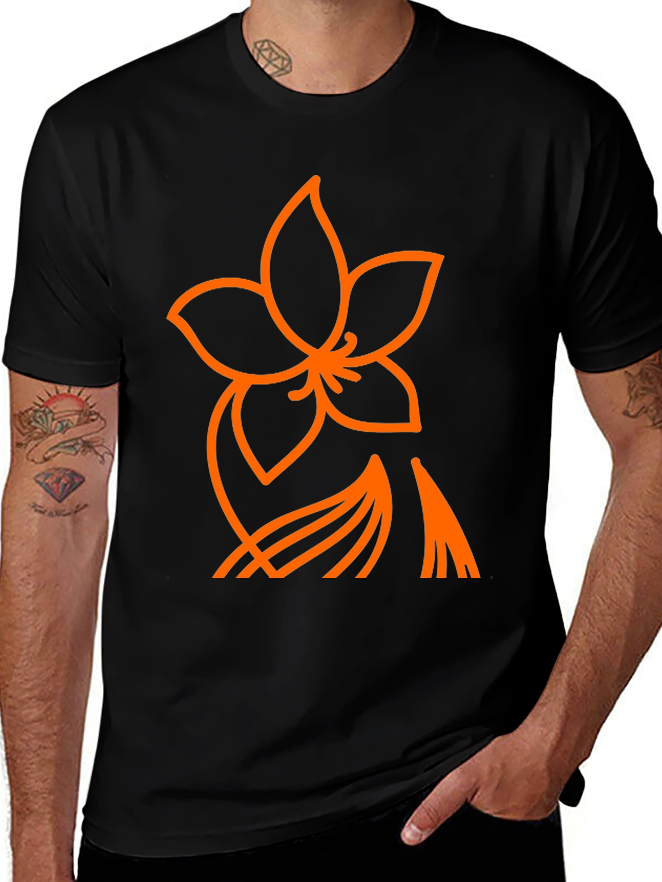 Orange Flower Graphic Black T-Shirt