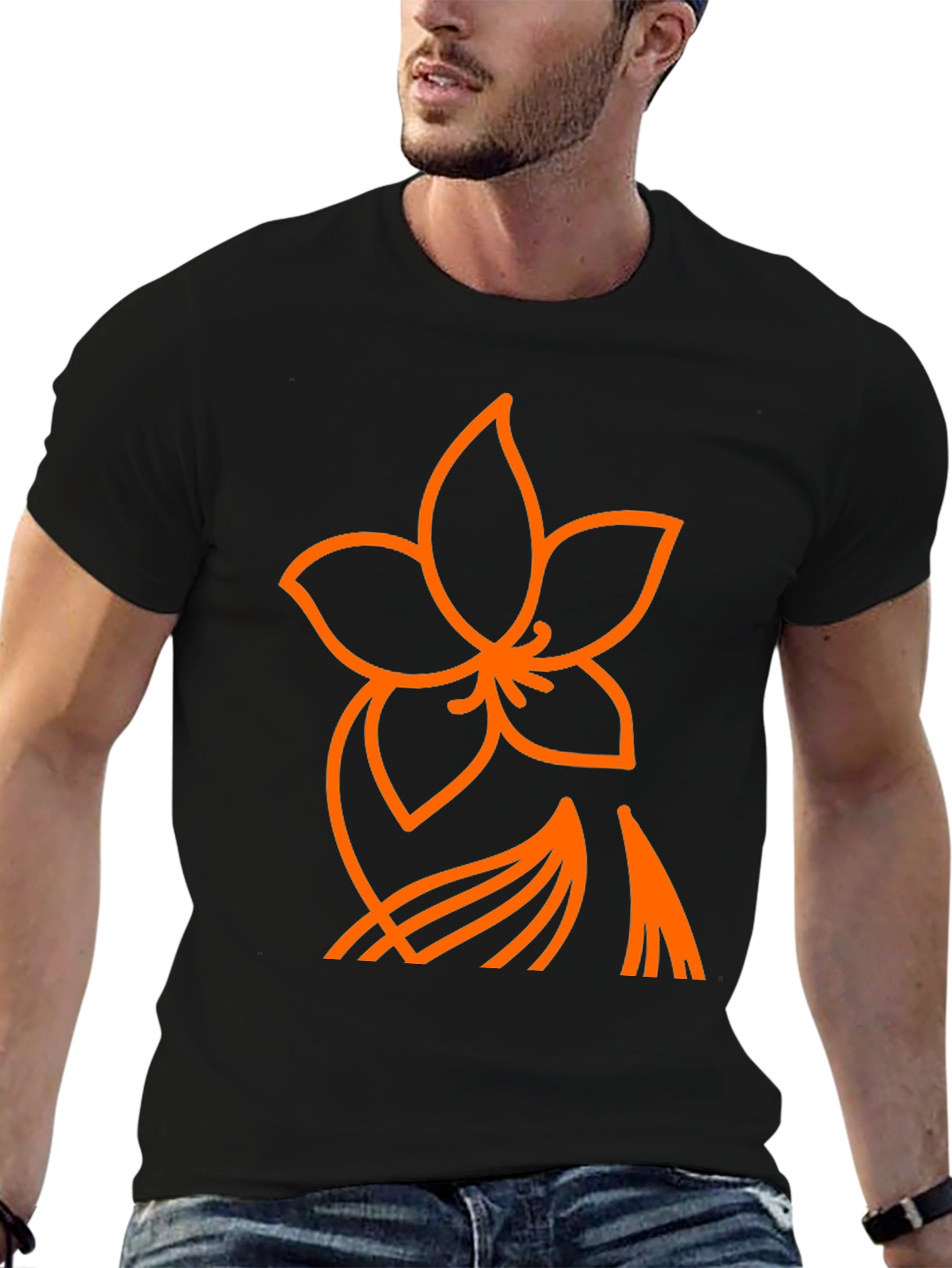 Orange Flower Graphic Black T-Shirt
