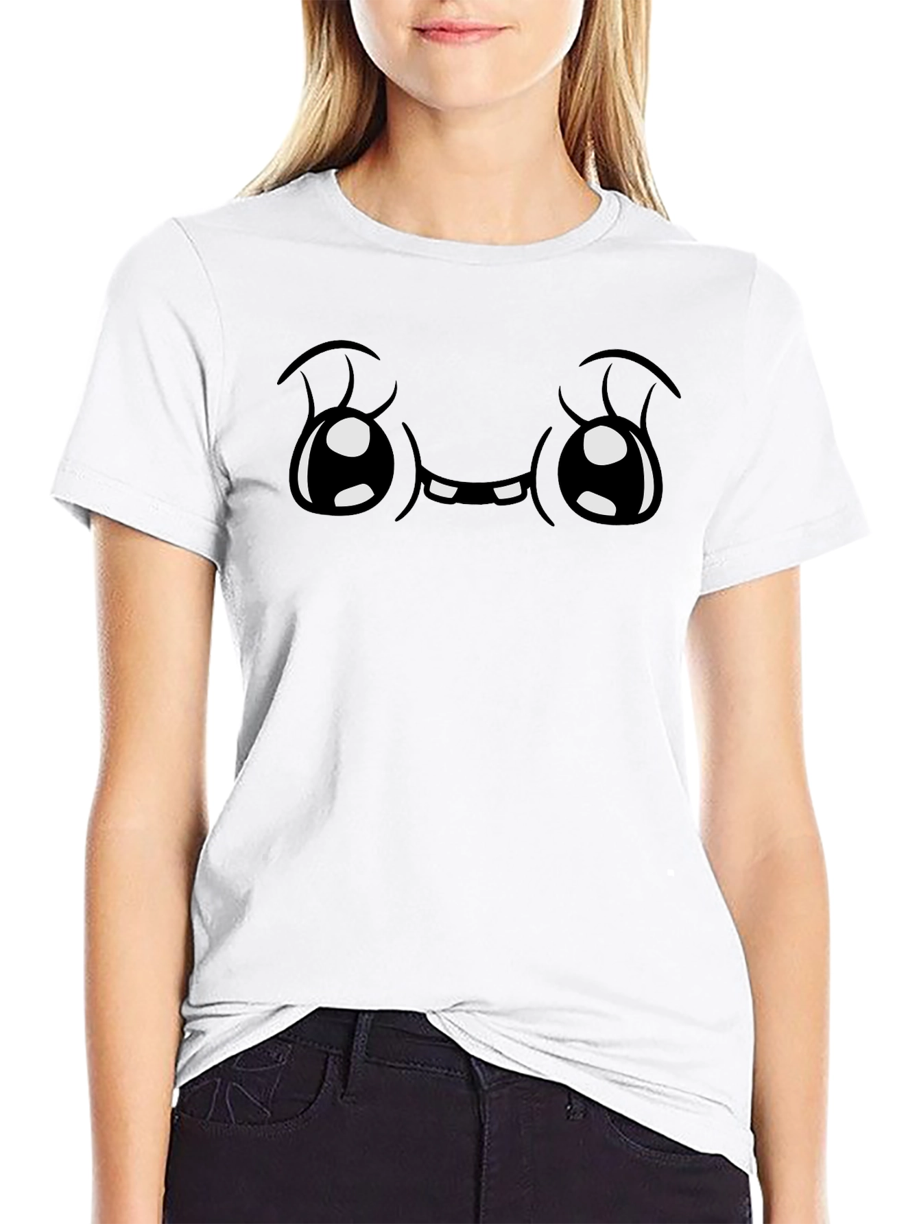 Cute Cartoon Face Graphic Black T-Shirt