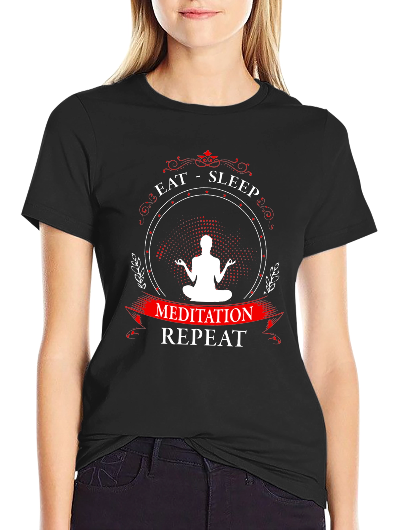 Eat Sleep Meditation Repeat Graphic T-Shirt - Black