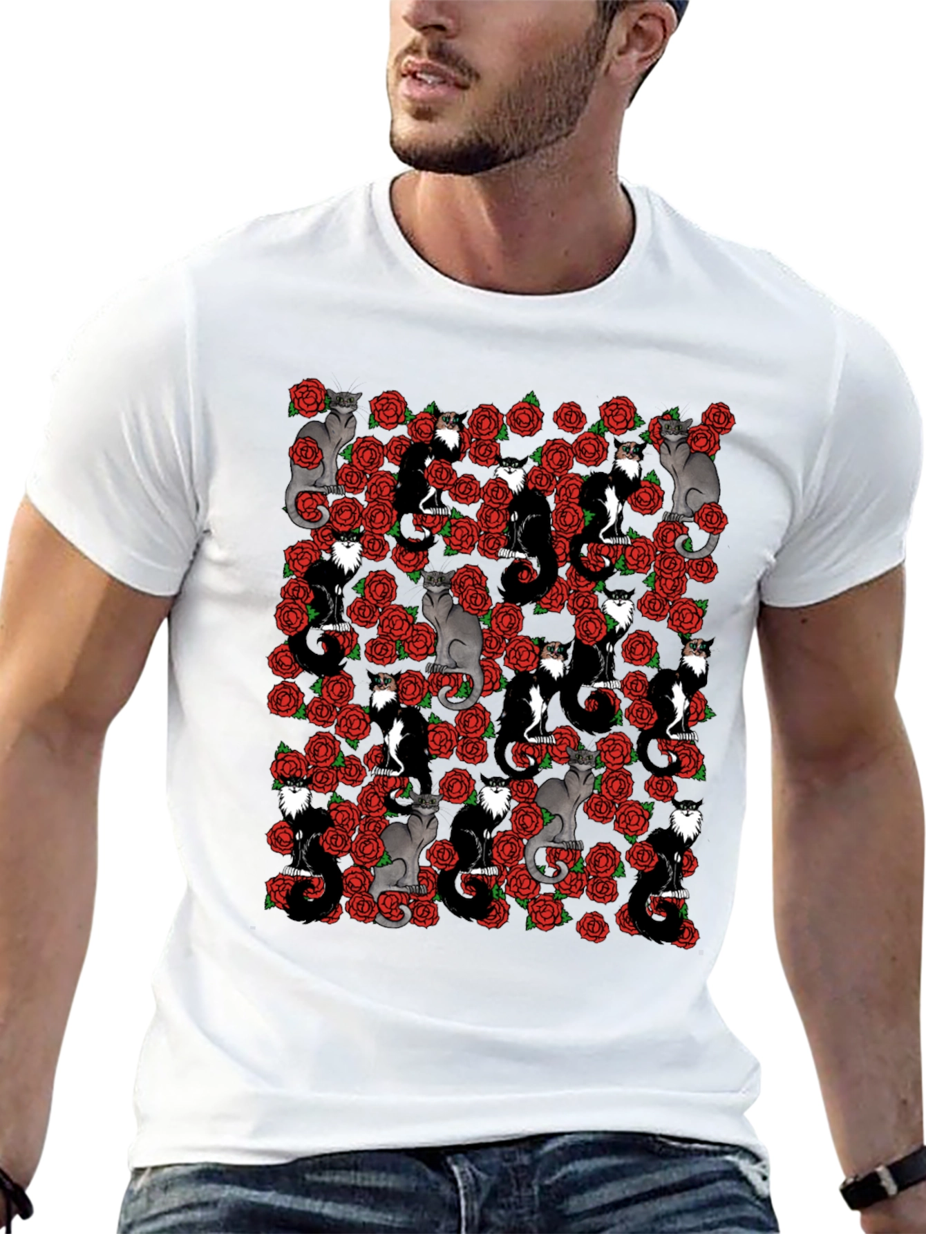 Cats & Roses T-Shirt - Unique Graphic Print