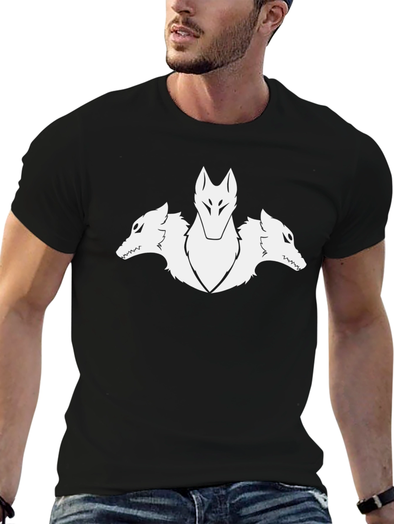 Three-Headed Wolf Graphic Tee - Black Cotton T-Shirt