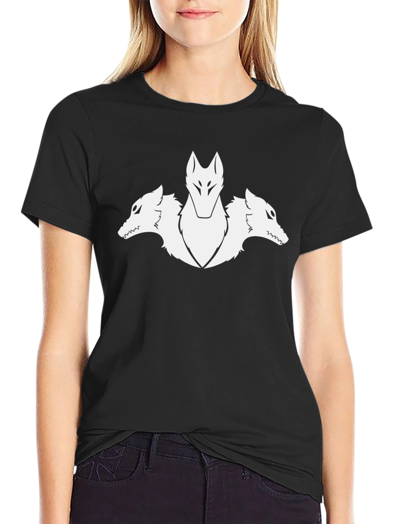 Three-Headed Wolf Graphic Tee - Black Cotton T-Shirt
