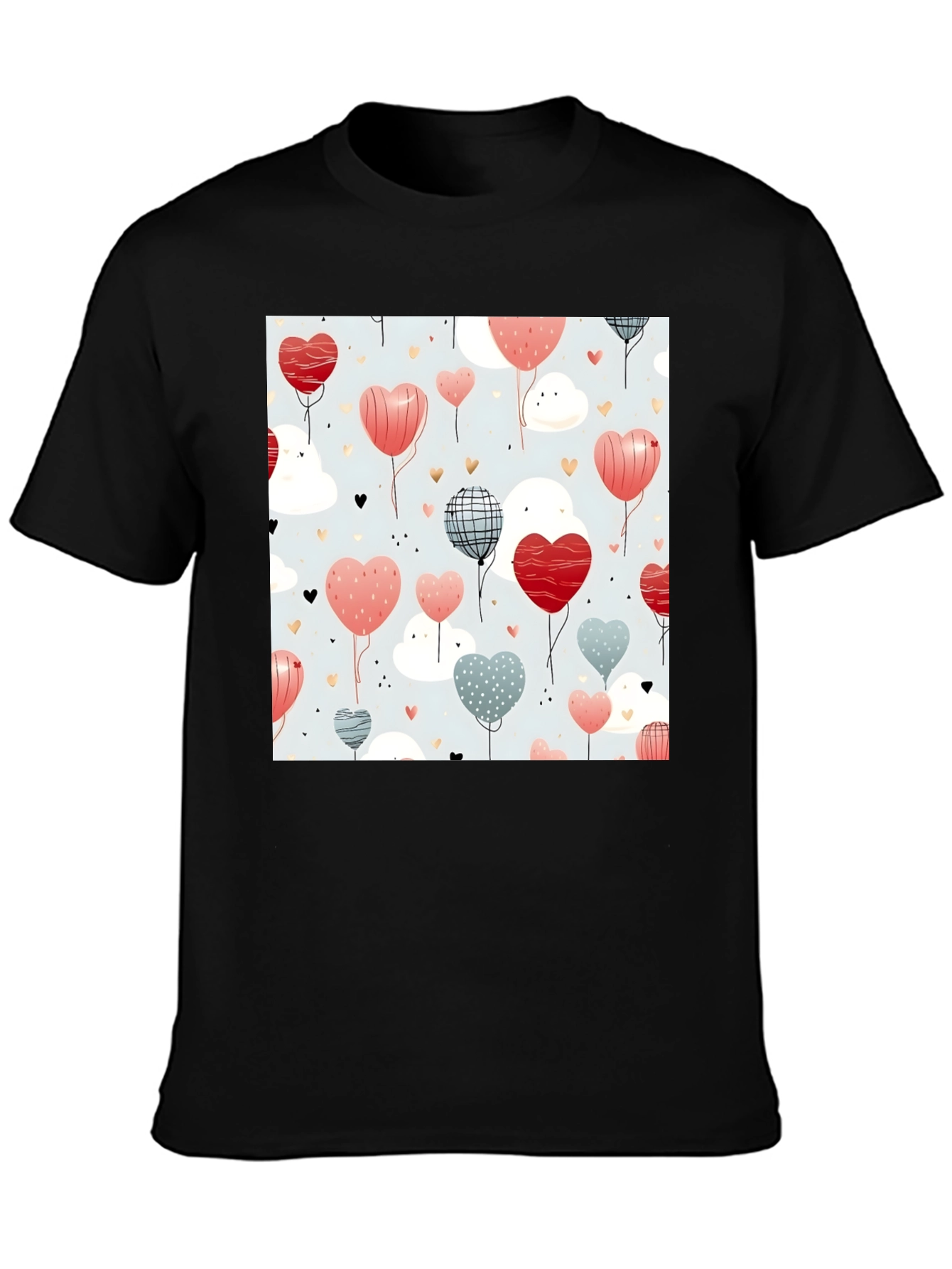 Heart Balloons Pattern Black T-Shirt