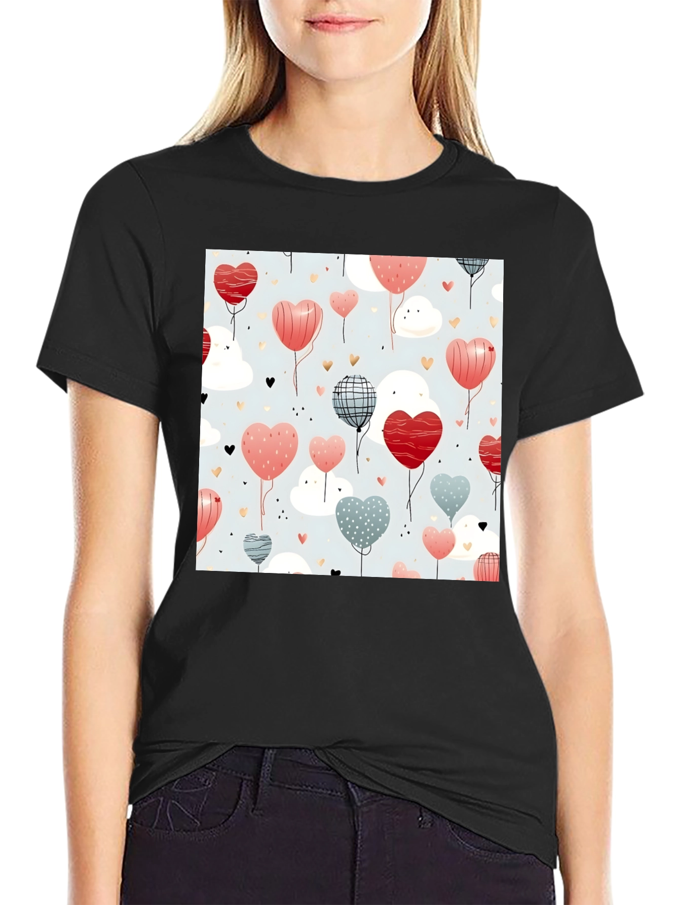 Heart Balloons Pattern Black T-Shirt