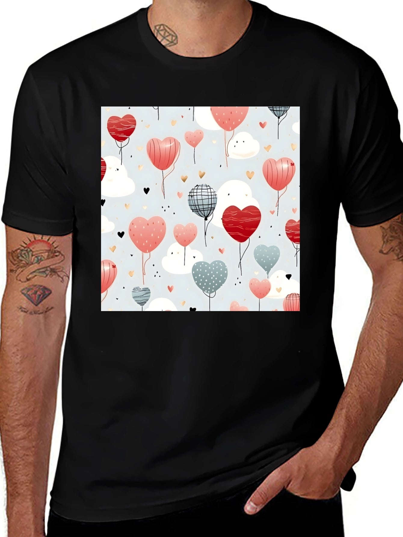 Heart Balloons Pattern Black T-Shirt