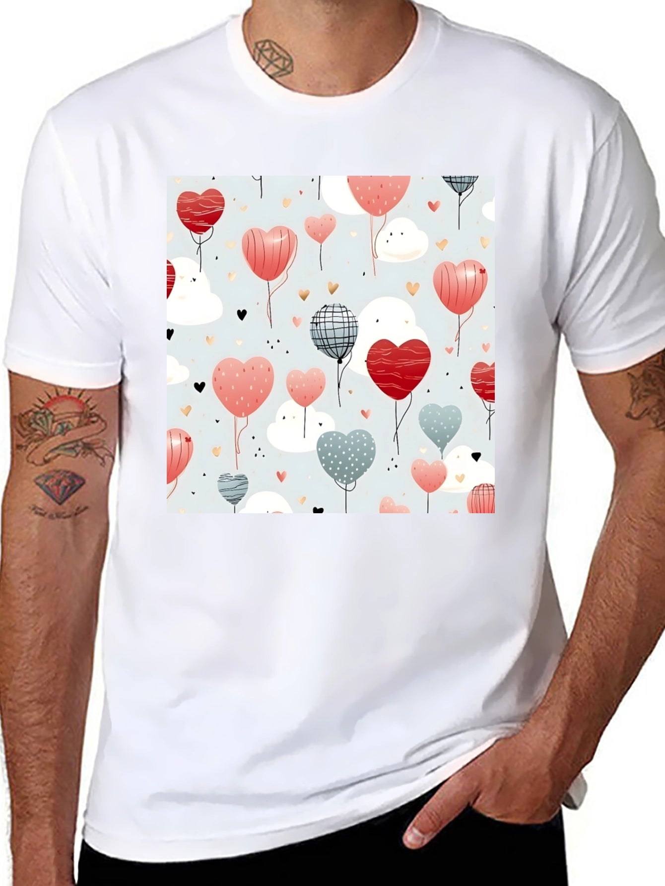 Heart Balloons Pattern Black T-Shirt