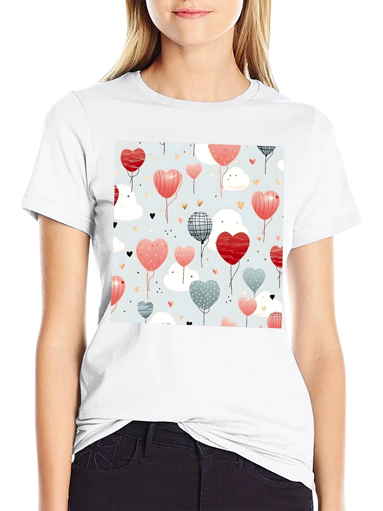 Heart Balloons Pattern Black T-Shirt