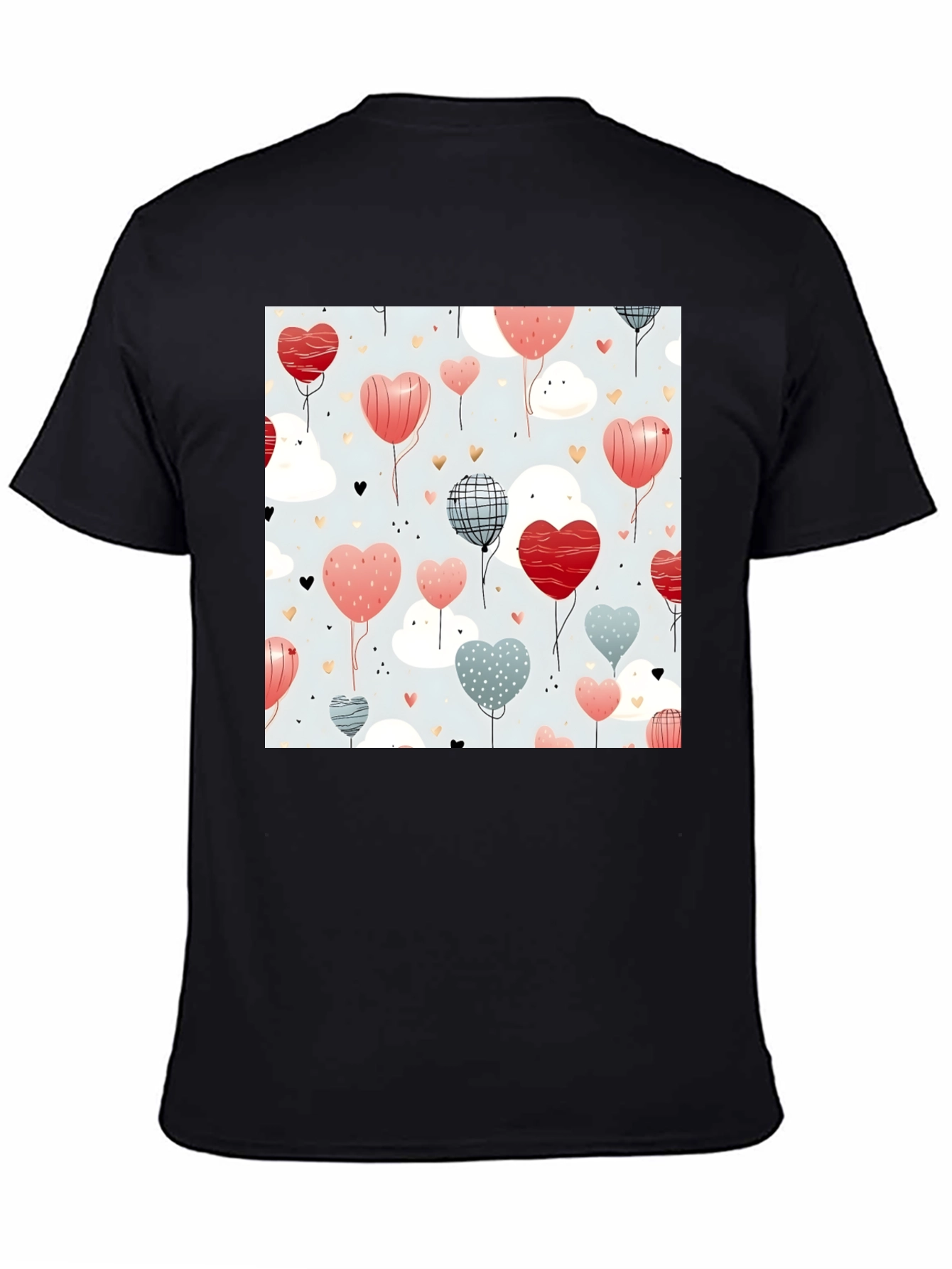 Heart Balloons Pattern Black T-Shirt
