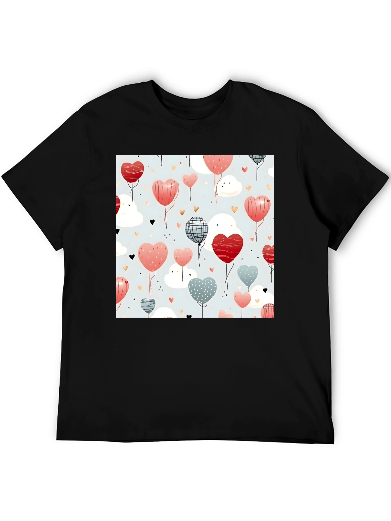 Heart Balloons Pattern Black T-Shirt