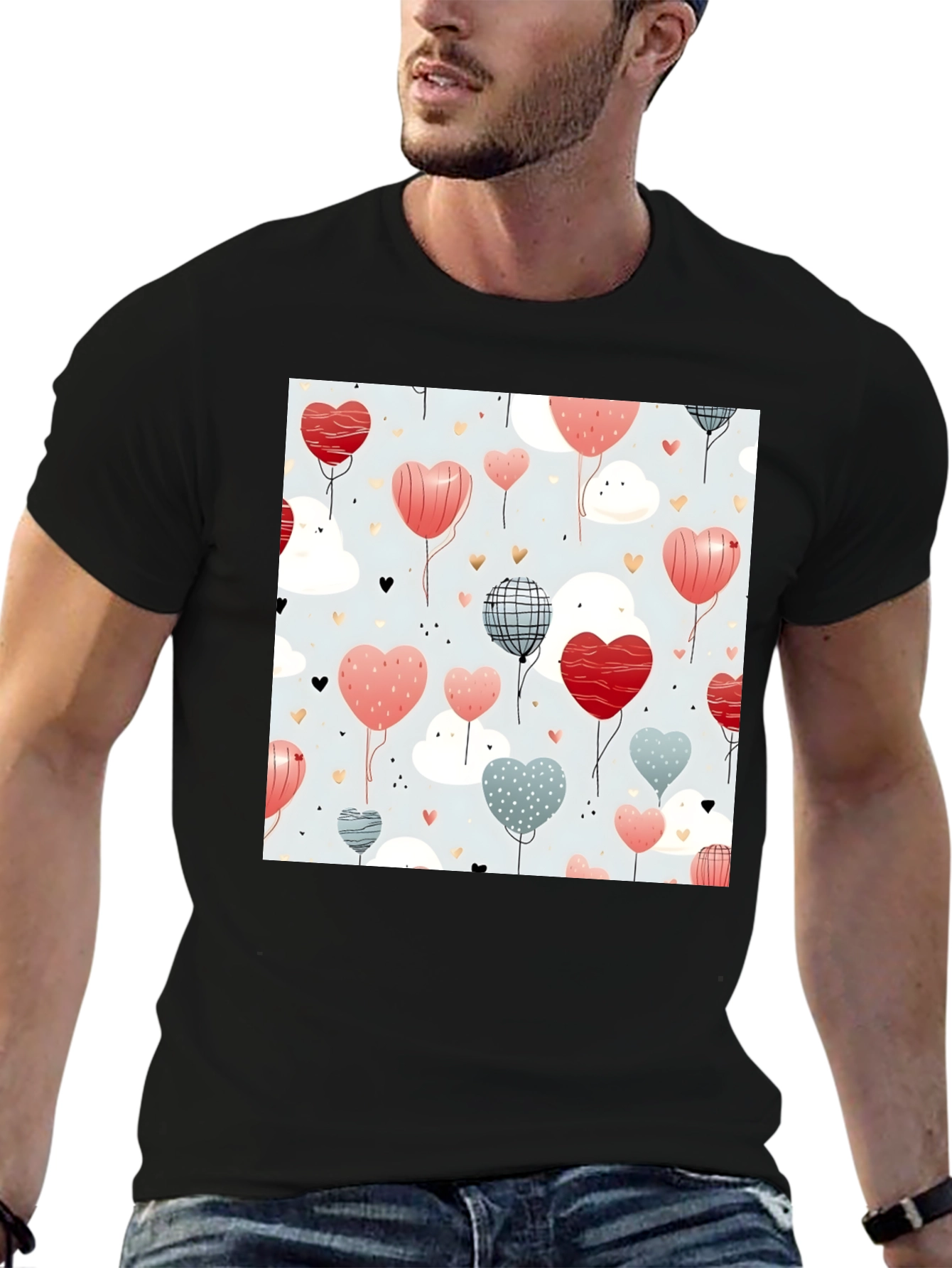 Heart Balloons Pattern Black T-Shirt