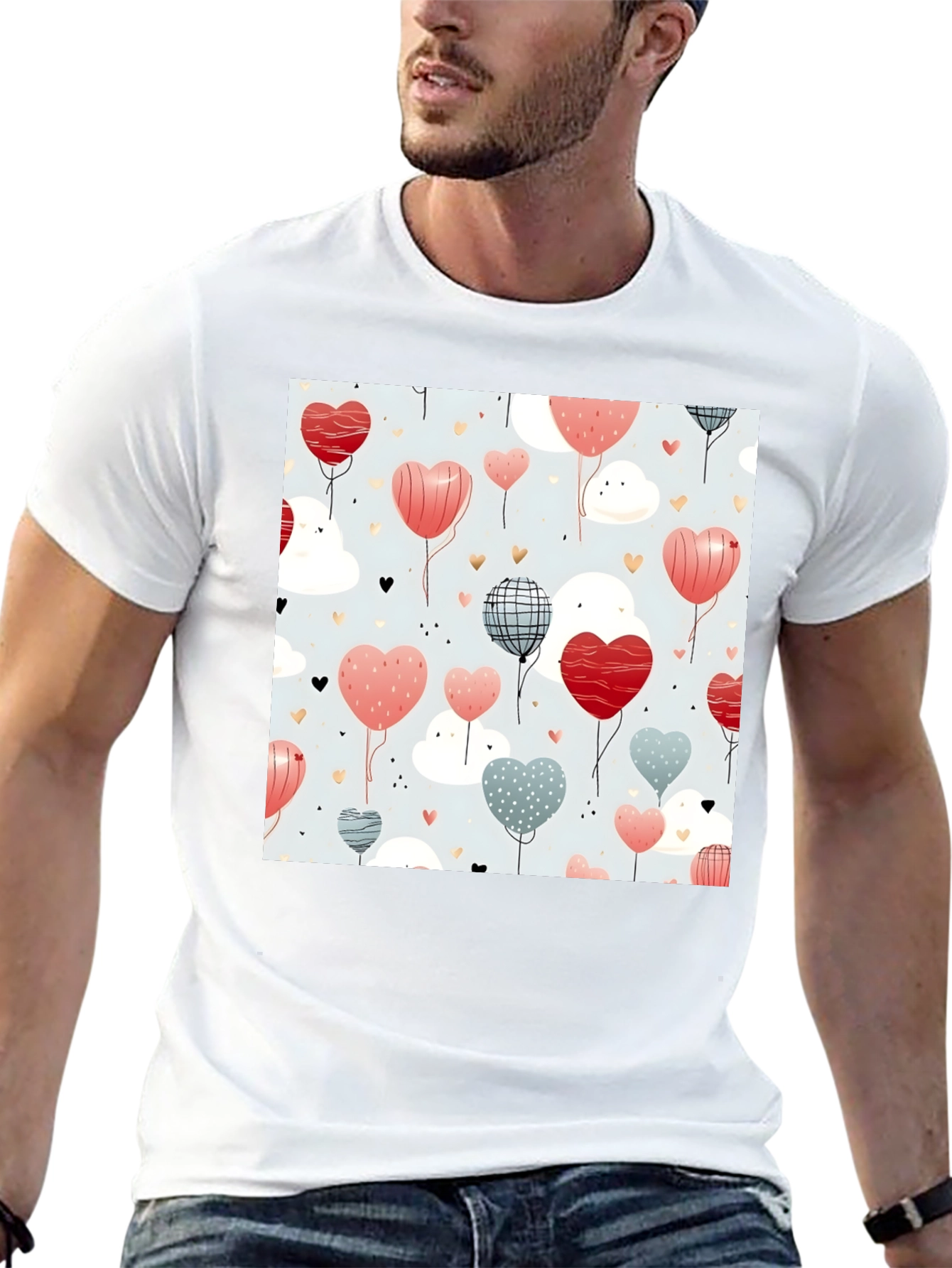 Heart Balloons Pattern Black T-Shirt