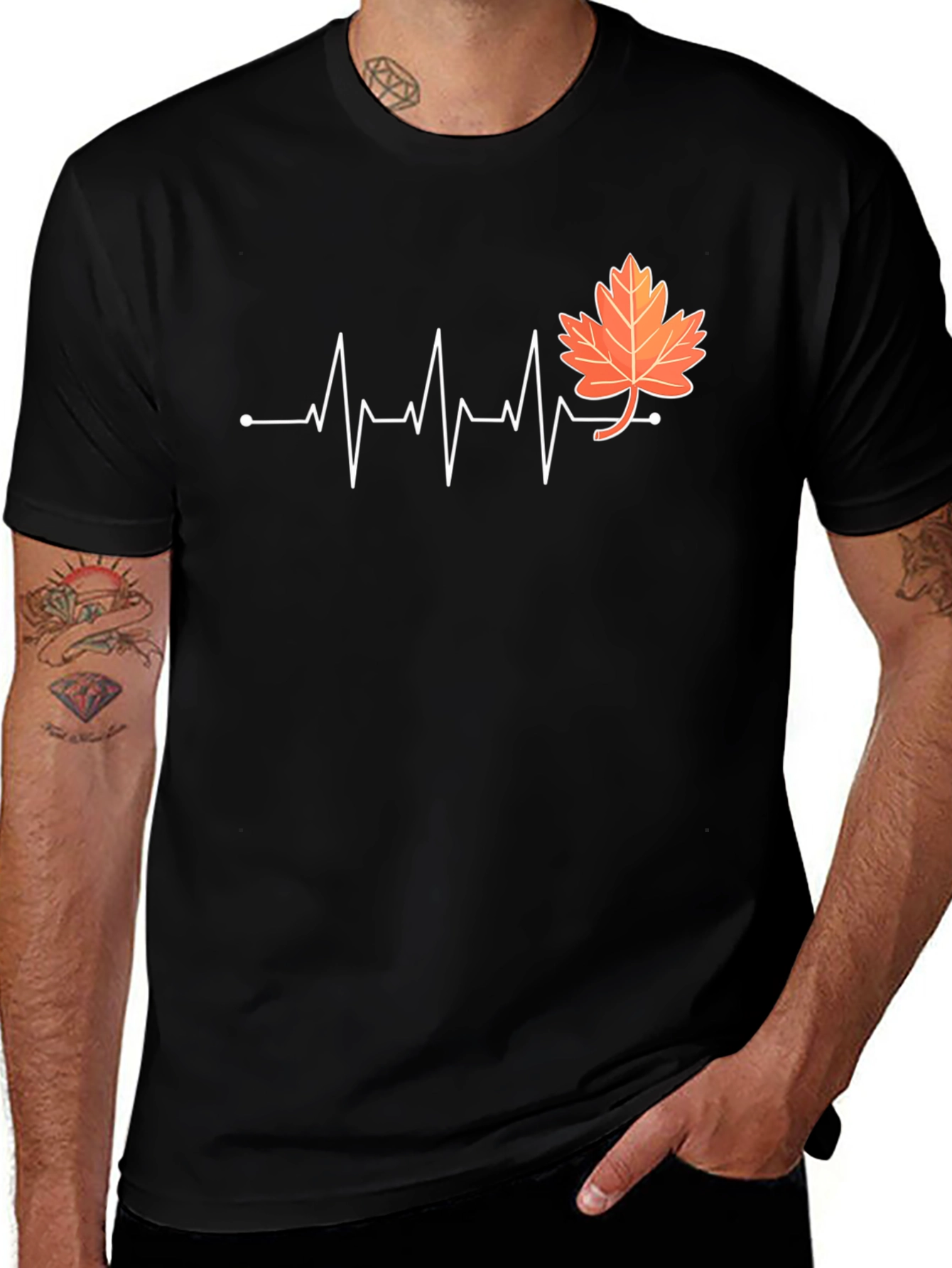 Fall Leaf Heartbeat T-Shirt - Black