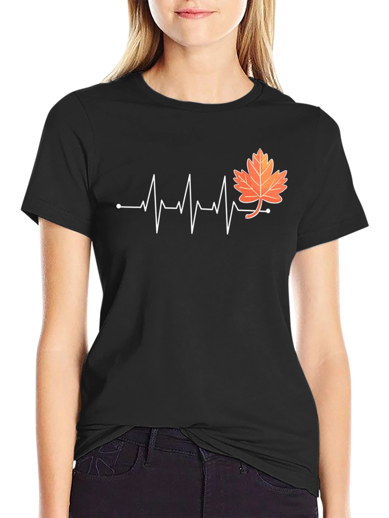 Fall Leaf Heartbeat T-Shirt - Black