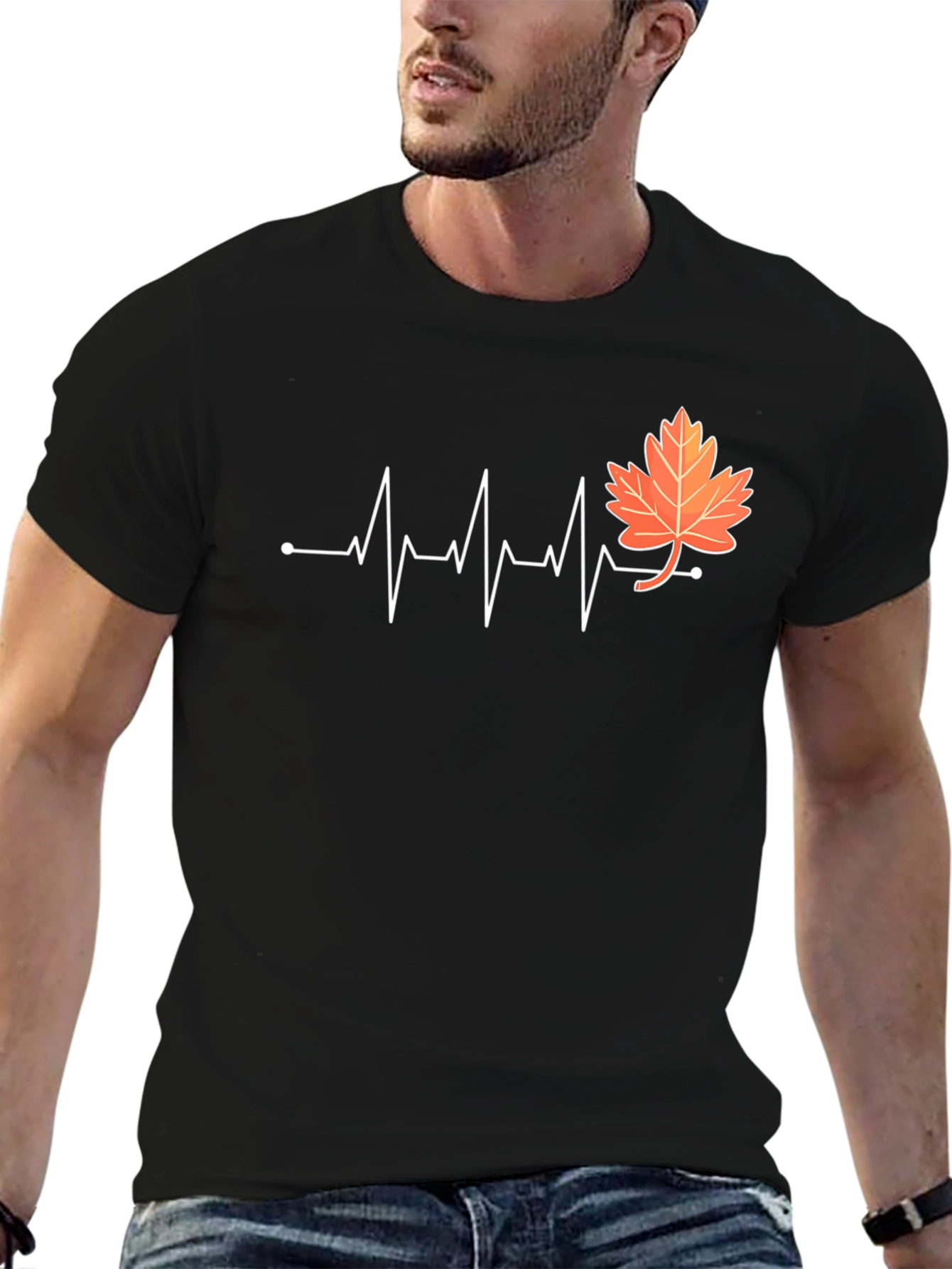 Fall Leaf Heartbeat T-Shirt - Black