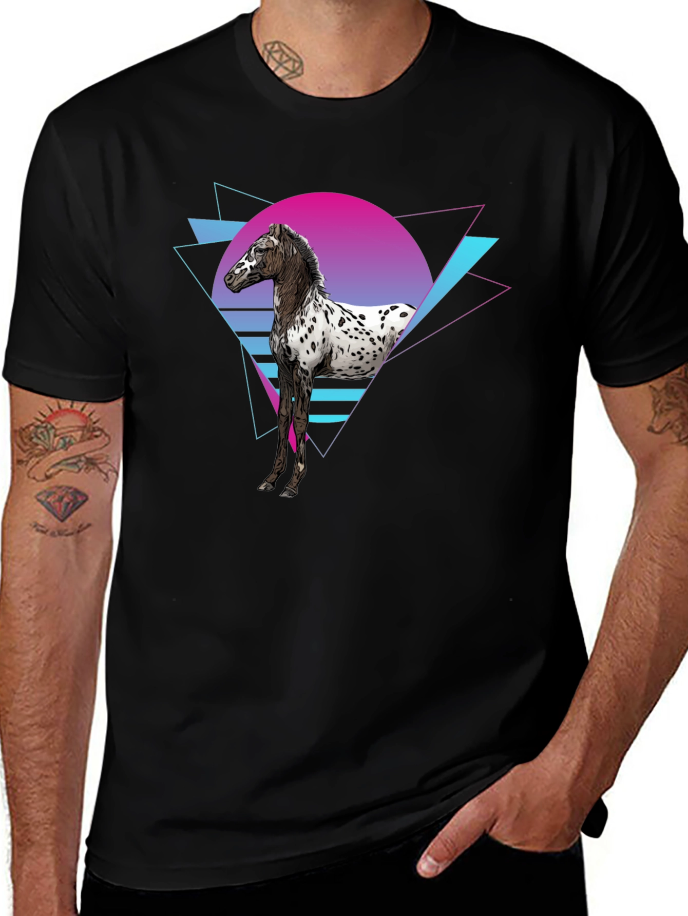 Retro Horse Graphic Tee - Black Cotton T-Shirt