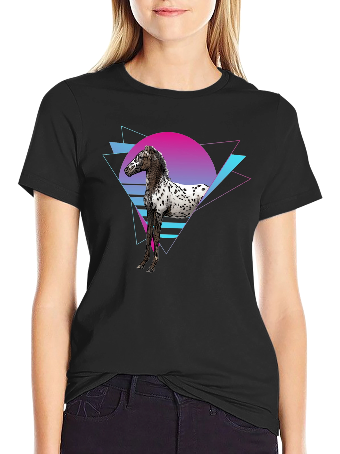 Retro Horse Graphic Tee - Black Cotton T-Shirt