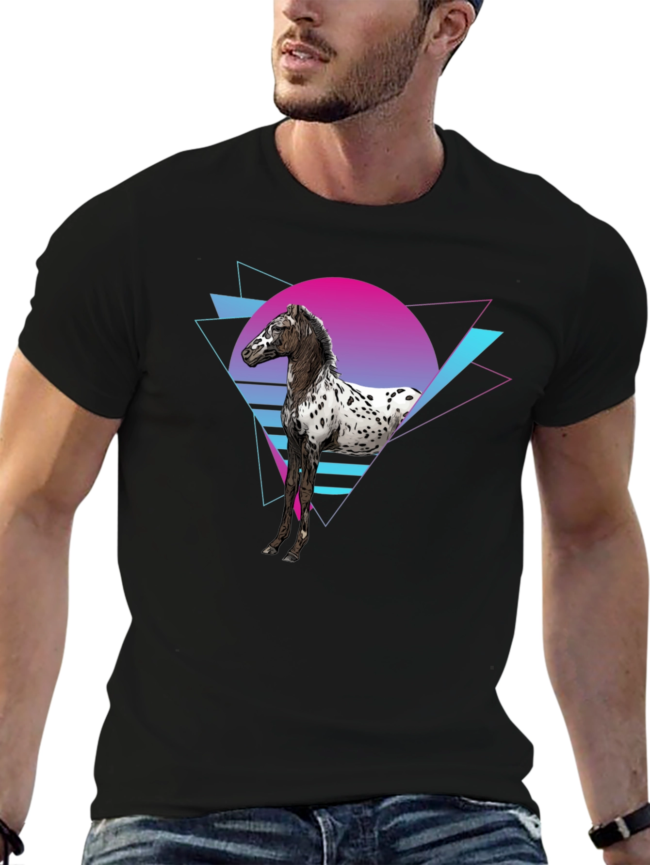 Retro Horse Graphic Tee - Black Cotton T-Shirt