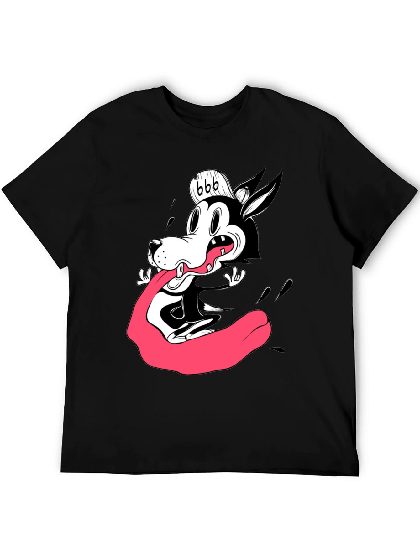 Cartoon Wolf Graphic Tee - Black Cotton T-Shirt
