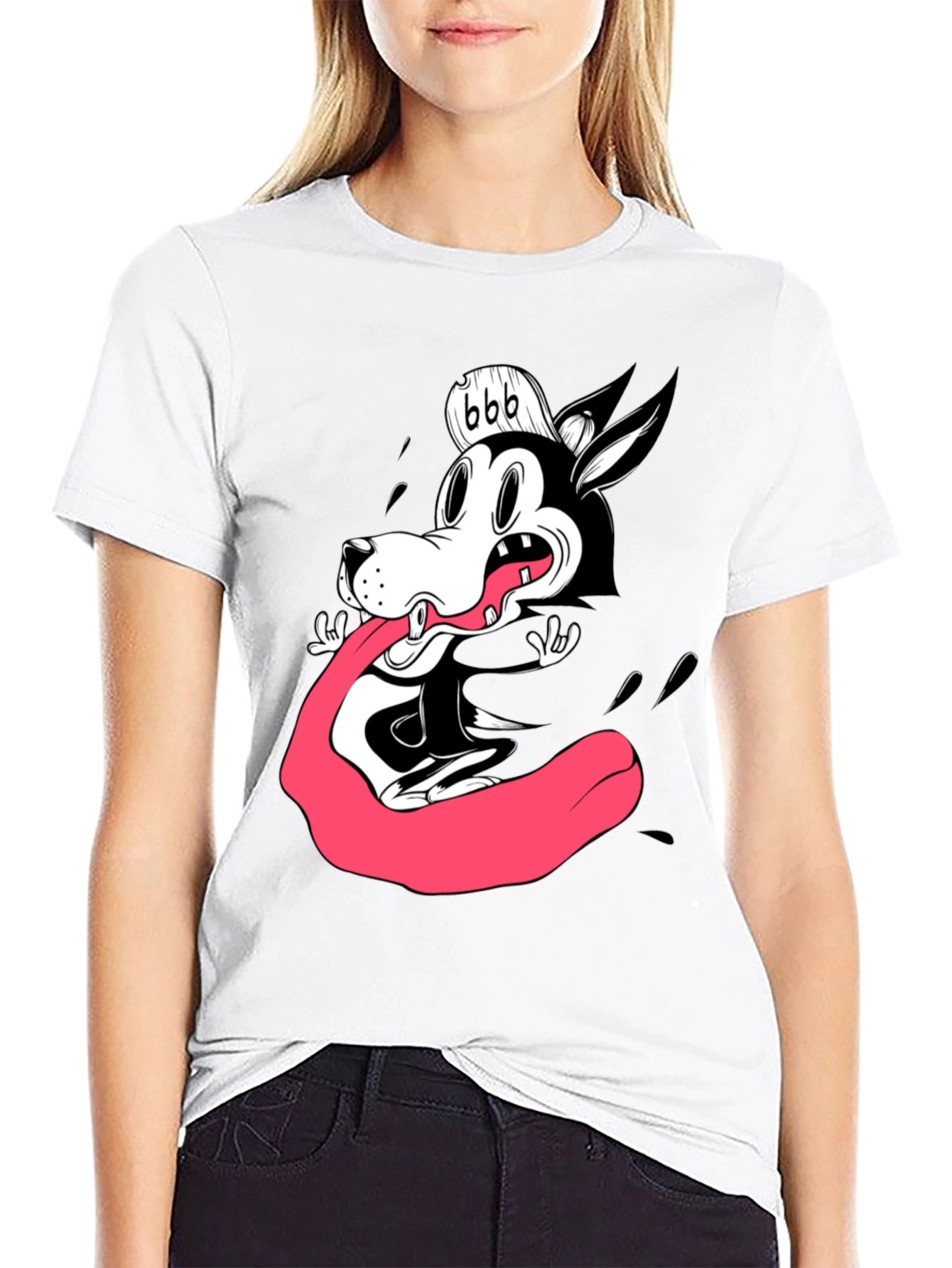Cartoon Wolf Graphic Tee - Black Cotton T-Shirt