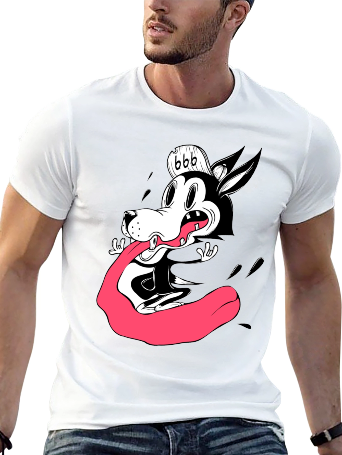 Cartoon Wolf Graphic Tee - Black Cotton T-Shirt