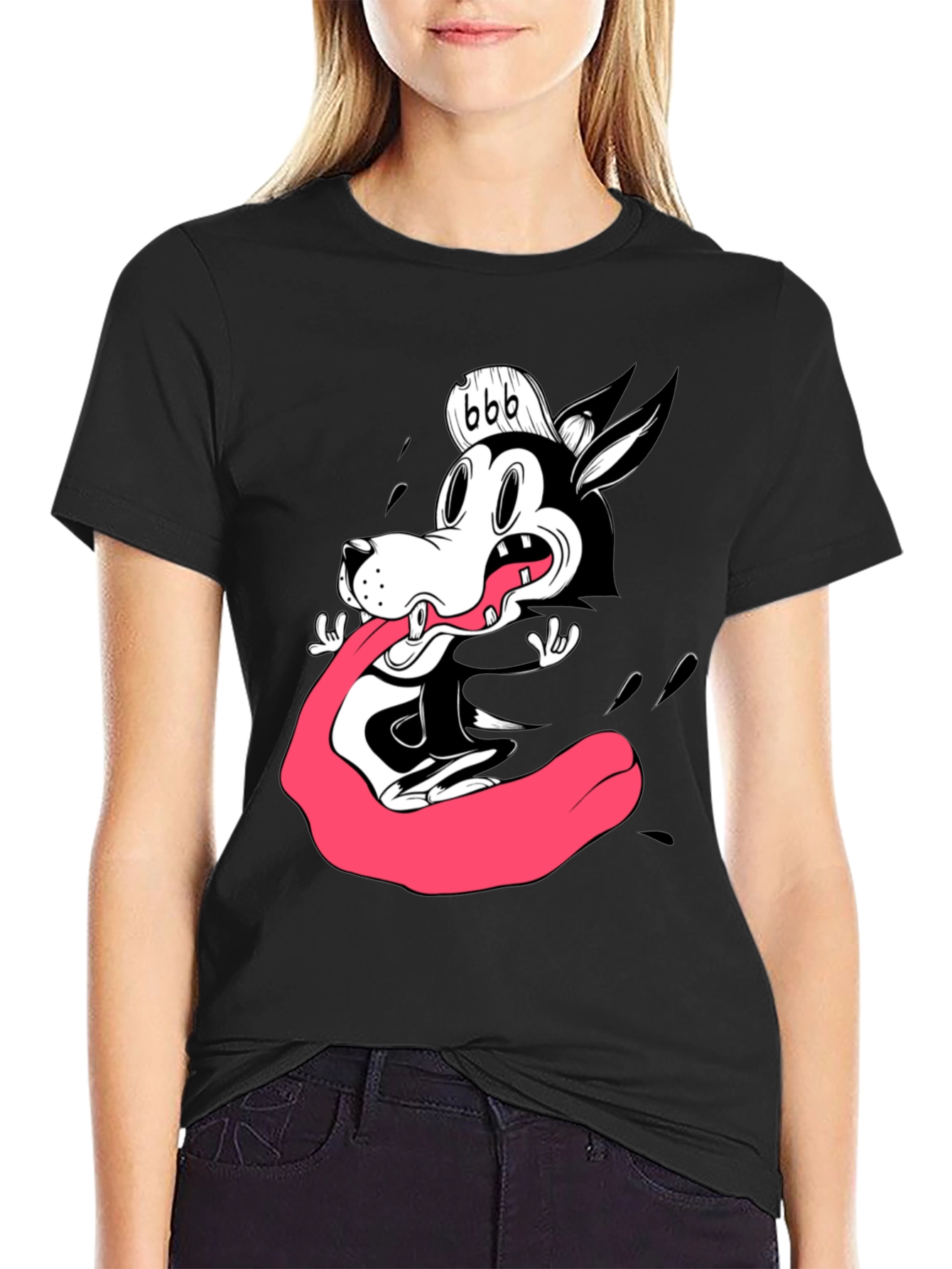 Cartoon Wolf Graphic Tee - Black Cotton T-Shirt