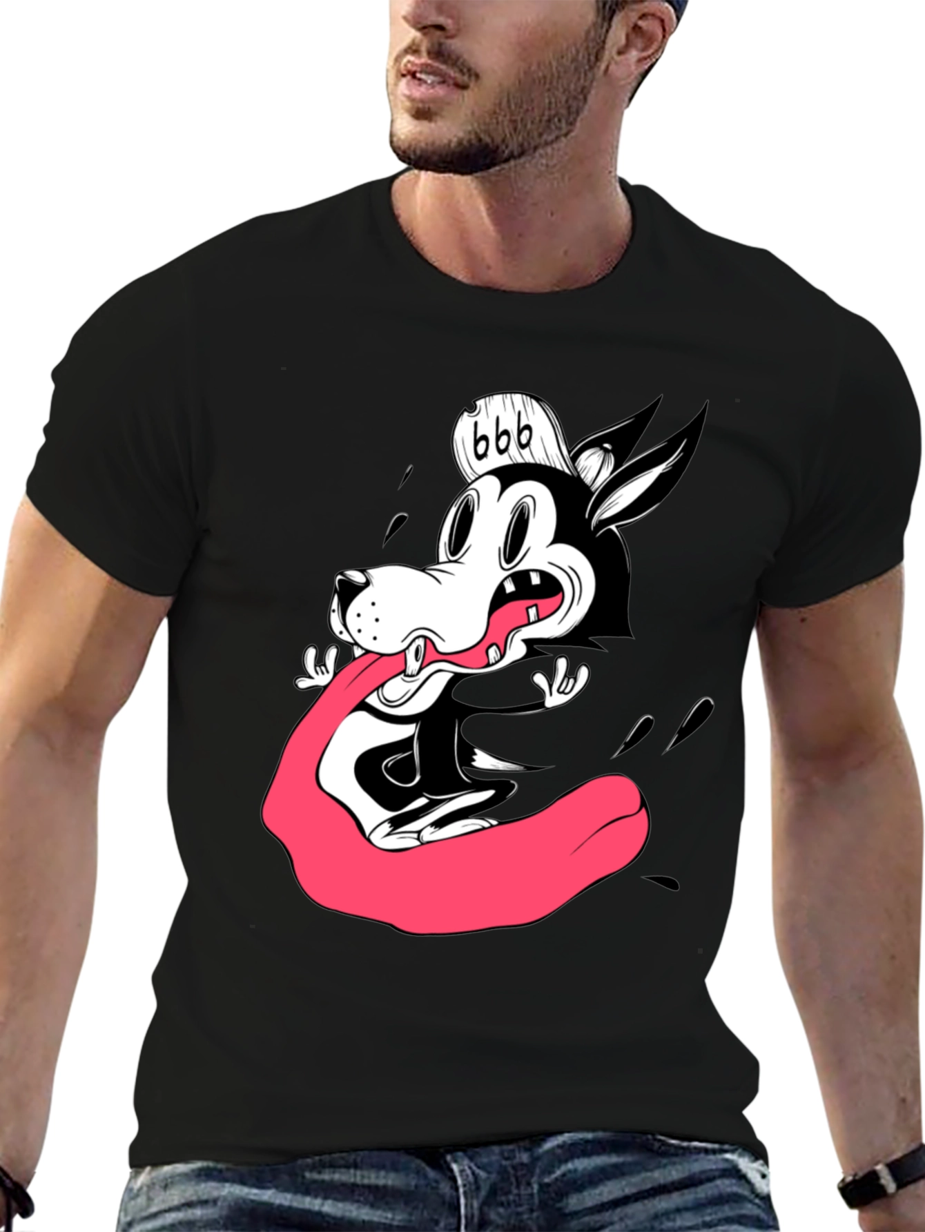 Cartoon Wolf Graphic Tee - Black Cotton T-Shirt
