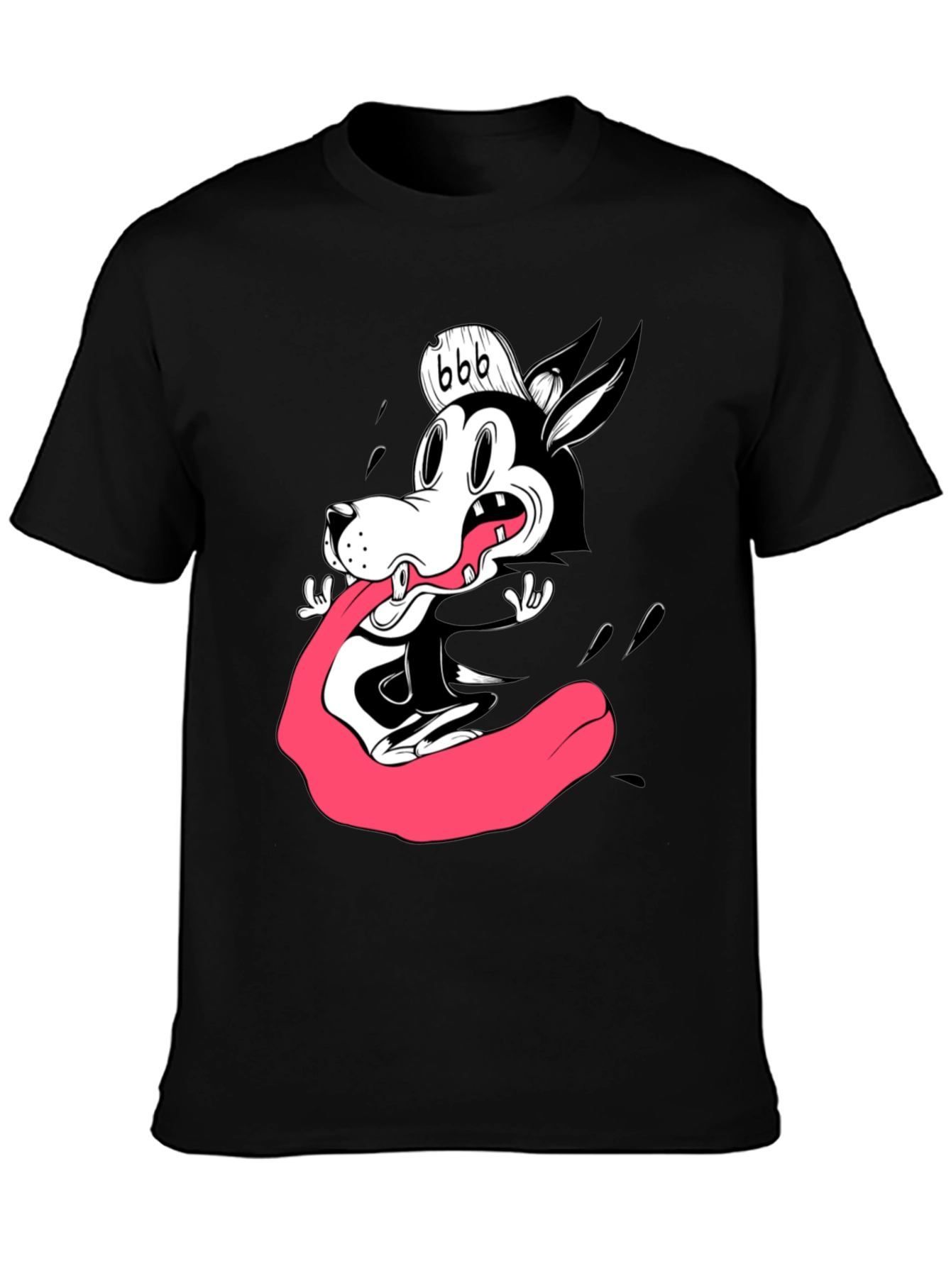 Cartoon Wolf Graphic Tee - Black Cotton T-Shirt