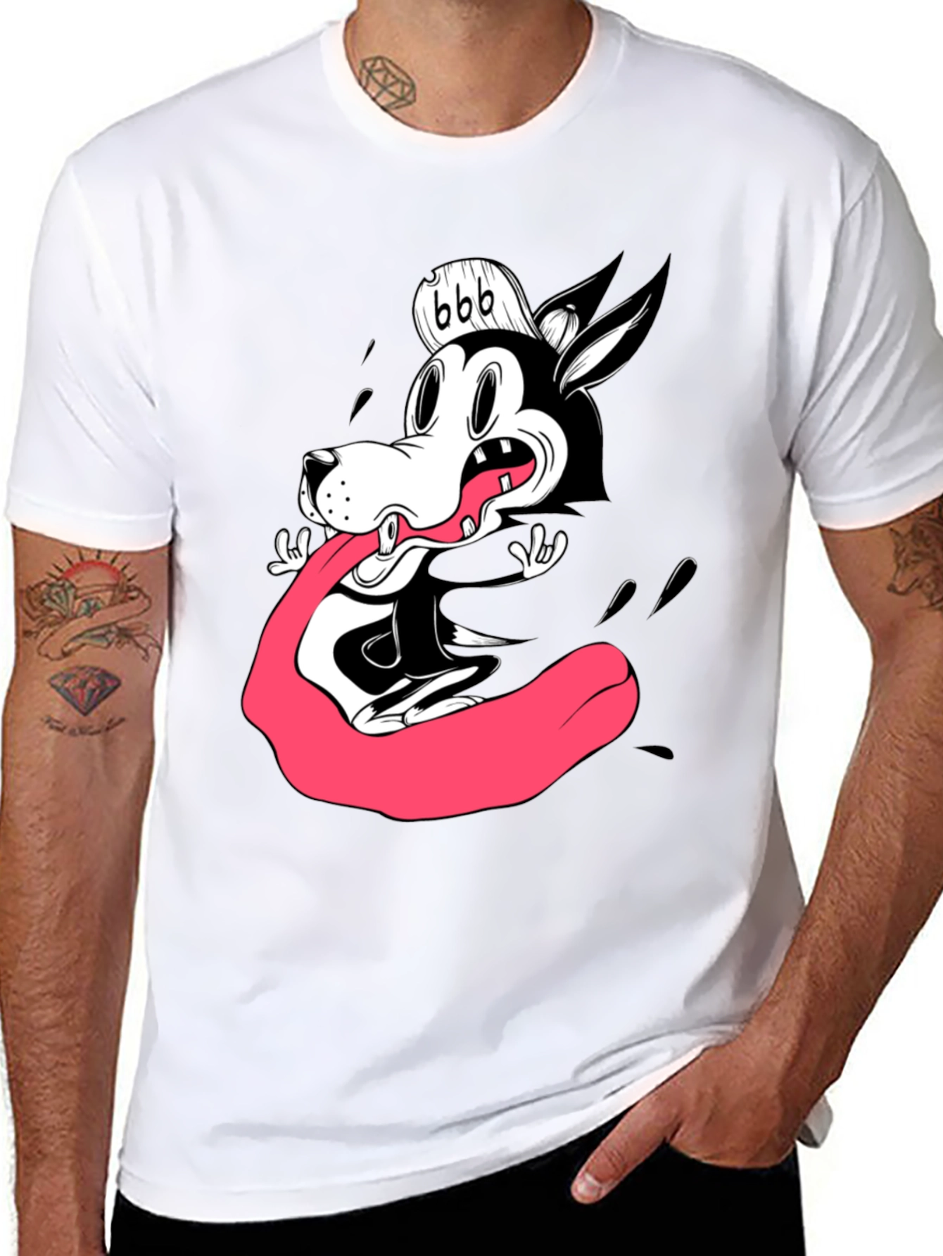 Cartoon Wolf Graphic Tee - Black Cotton T-Shirt