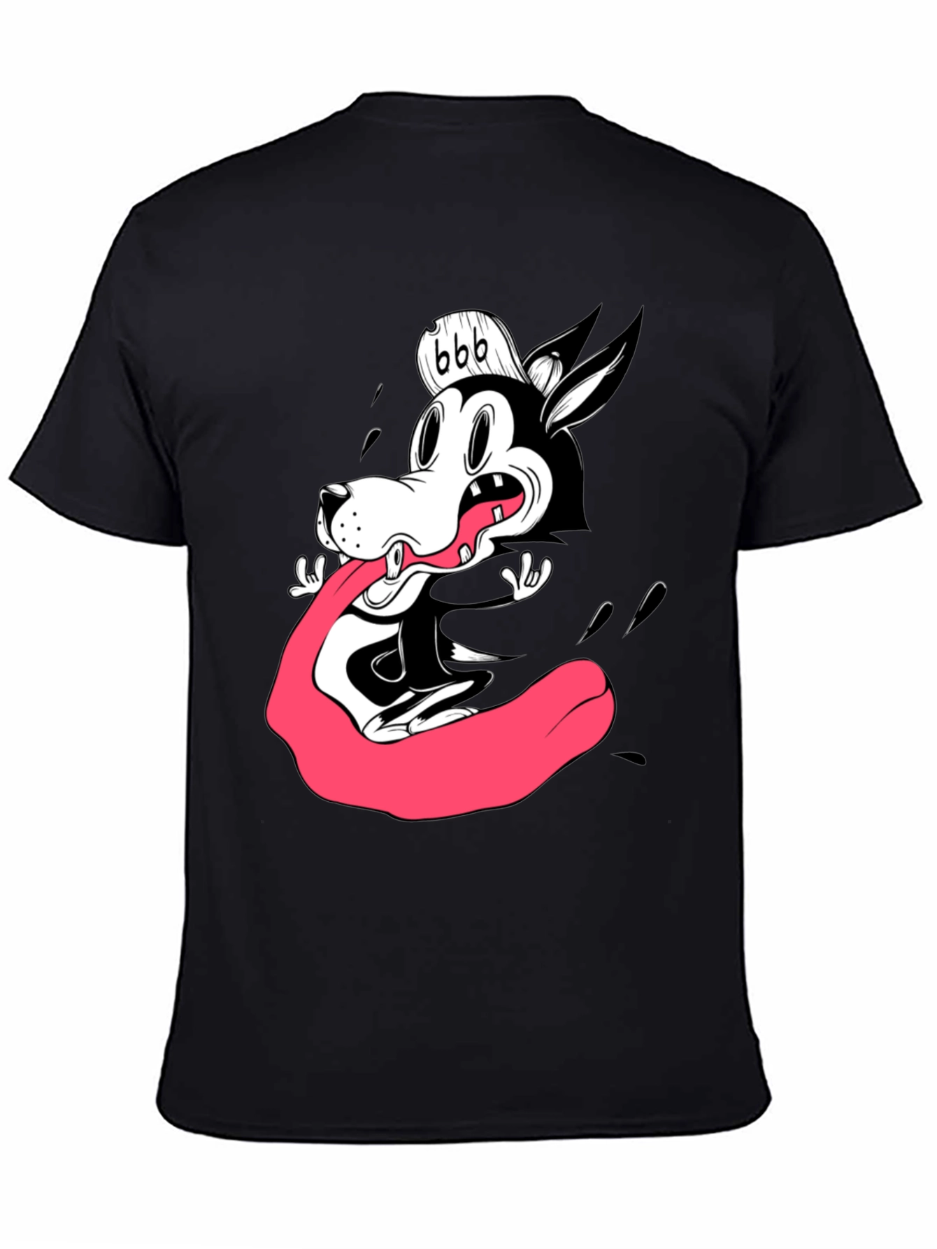 Cartoon Wolf Graphic Tee - Black Cotton T-Shirt