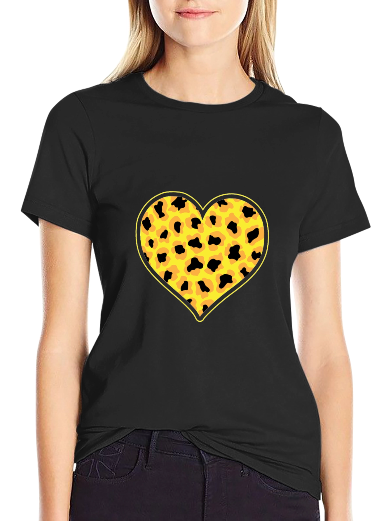 Leopard Heart Print Black T-Shirt